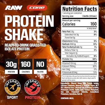 RAW Ready-to-Drink Protein Shake, Salted Caramel - RTD Protein Drinks with Grass-Fed Whey Protein Isolate for Post-Workout - Zero-Sugar & Gluten-Free Meal Replacement Drink & Breakfast Shake, 12 Fl Oz