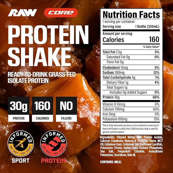 RAW Ready-to-Drink Protein Shake, Salted Caramel - RTD Protein Drinks with Grass-Fed Whey Protein Isolate for Post-Workout - Zero-Sugar & Gluten-Free Meal Replacement Drink & Breakfast Shake, 12 Fl Oz