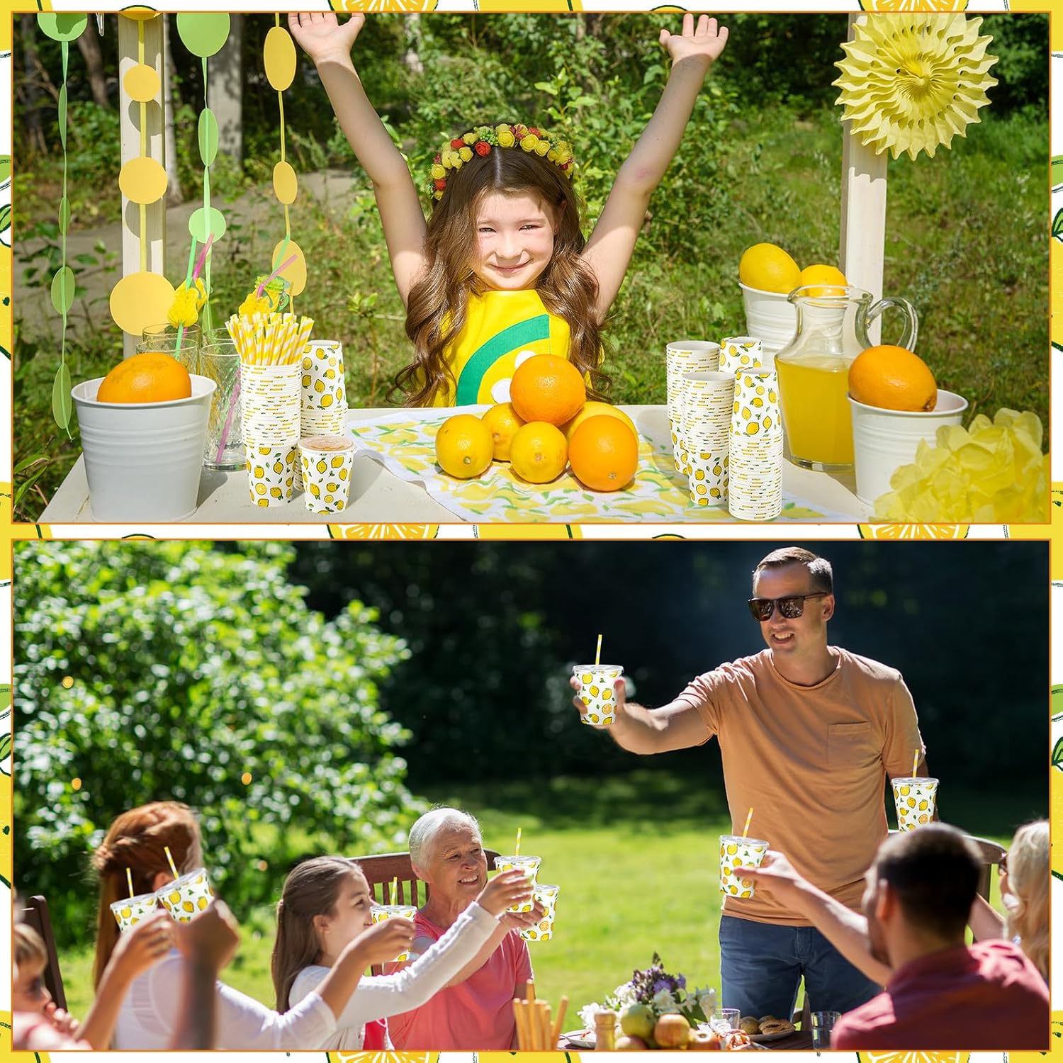 150 Pieces/50 Sets Lemonade Cups with Lids and Paper Straws 9oz Disposable Iced Coffee Paper Cup Summer Citrus Cold Cups for Lemonade Stand Supplies Fruit Party Beverages Drinks Juices