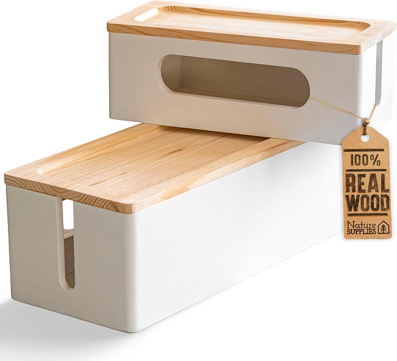 Set of 2, Wood Cable Management Boxes, Large and Medium Cord Organizer to Hide Wires and Power Strips for TV, Desk, Computer, Router, Cable Storage and Home Office Organization, White