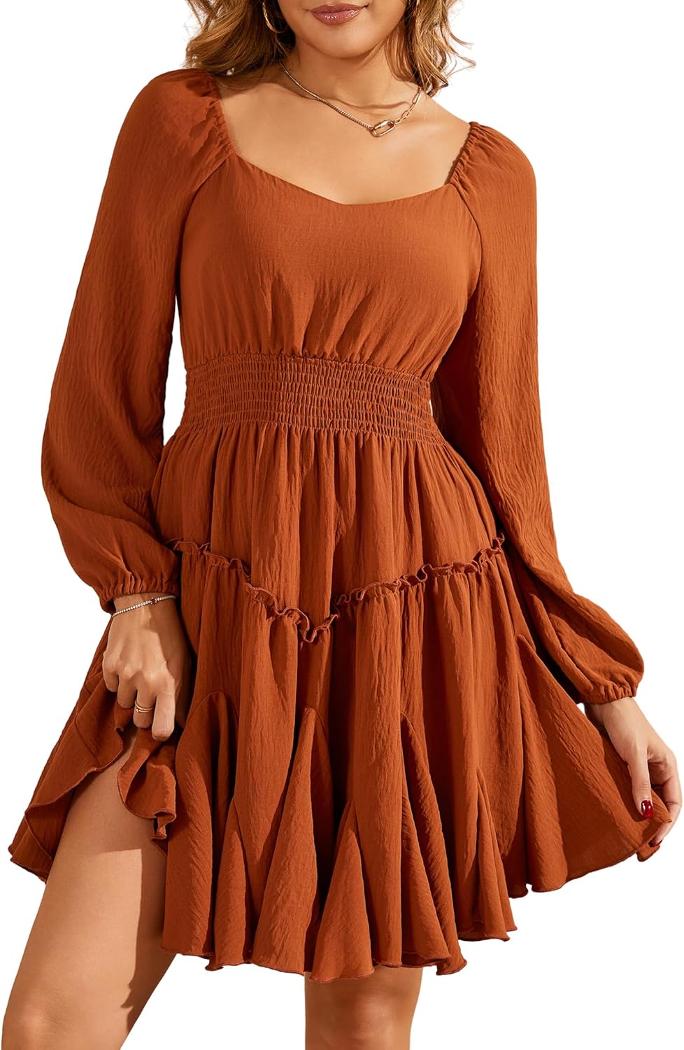 Florboom Women's Multi-Layered Hem Dress Square Neck Lantern Long Sleeve A-Line Smocked Waist Mini Dresses