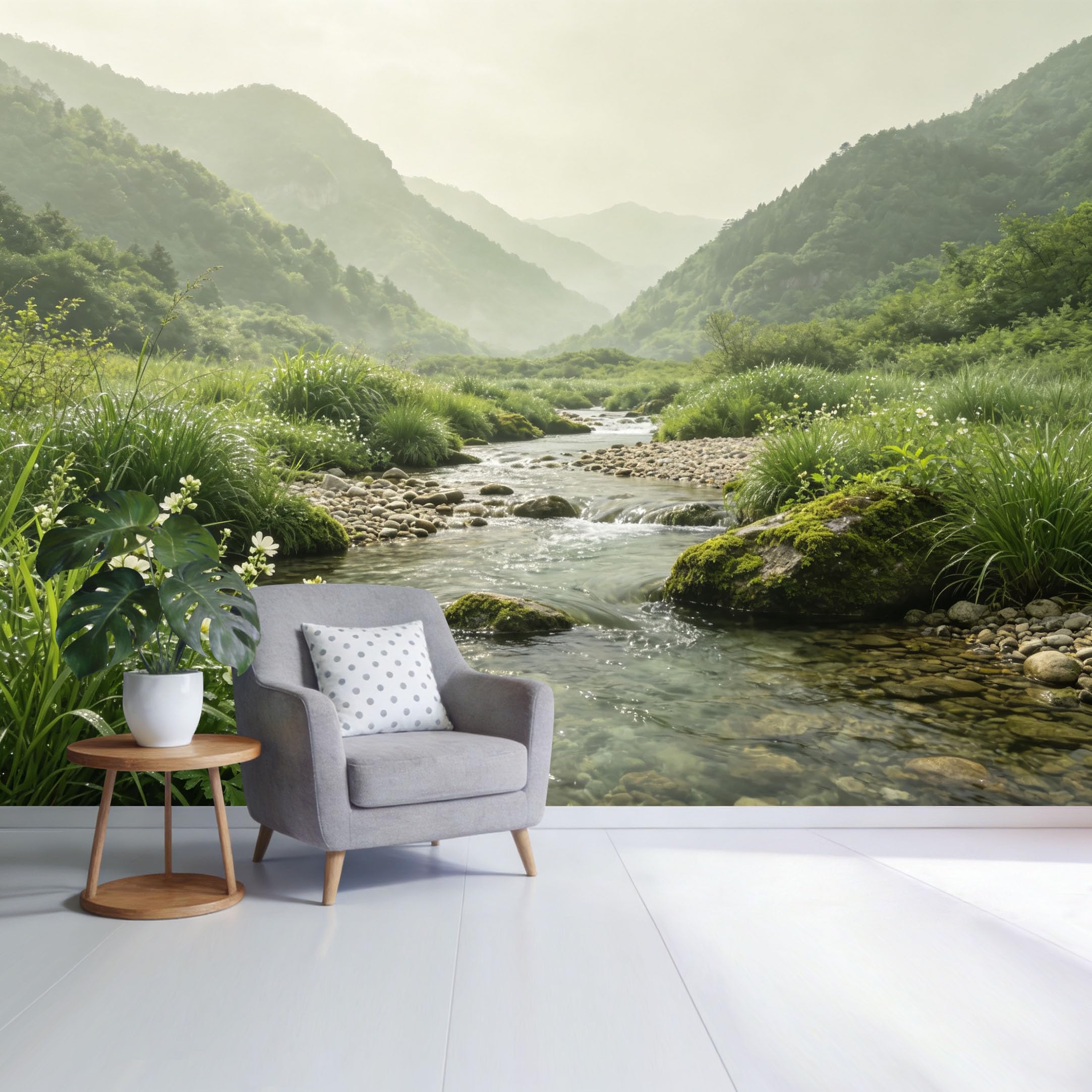 Custom Size Wall Mural Mountain Stream Landscape Green Valley Morning Mist Nature Scenery Botanical SelfAdhesive Wall Fabric Removable Wallpaper for Home Office Decor