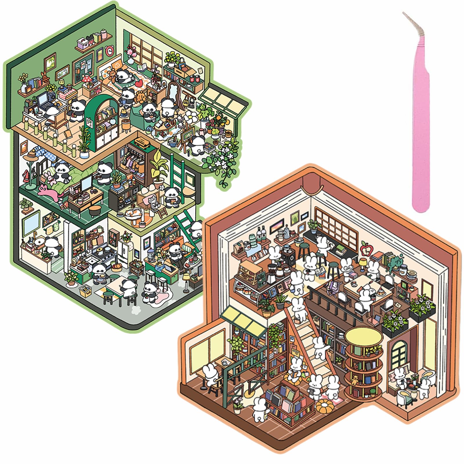 Wnqou 2 Sets DIY 3D House Stickers & Large 3D Miniature Simulated Cabin Scene Stickers - Cute Cartoons for Adults & Kids, Fun Rabbit Reading Room & Panda Cottage Product Image 1
