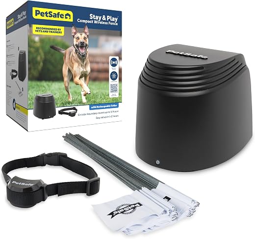 PetSafe Stay & Play Compact Wireless Pet Fence for Dogs, No Wire Circular Boundary, Secure up to 3/4 Acre, No-Dig and Portable for Travel, for Dogs 5lb & up, from Parent Company Invisible Fence Brand