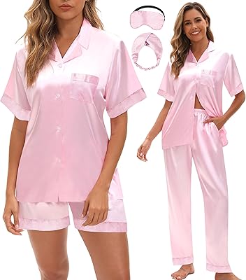 NOWDER Silk Pajamas for Women Satin Pajama 3 piece Short-Sleeve Button Down Pjs Set Loungewear with Sleep Mask Headband