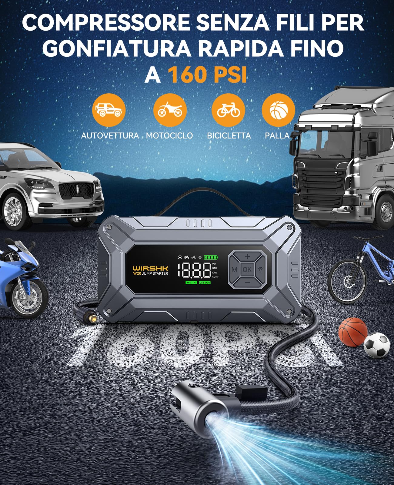 Booster Avviamento Auto con Compressore 8000A 160PSI,27000mAh, Booster Avviamento Auto/Moto per 10.0L Gas/8.0L Diesel, 12V Starter Batteria con Ricarica Rapida 18W,Torcia
