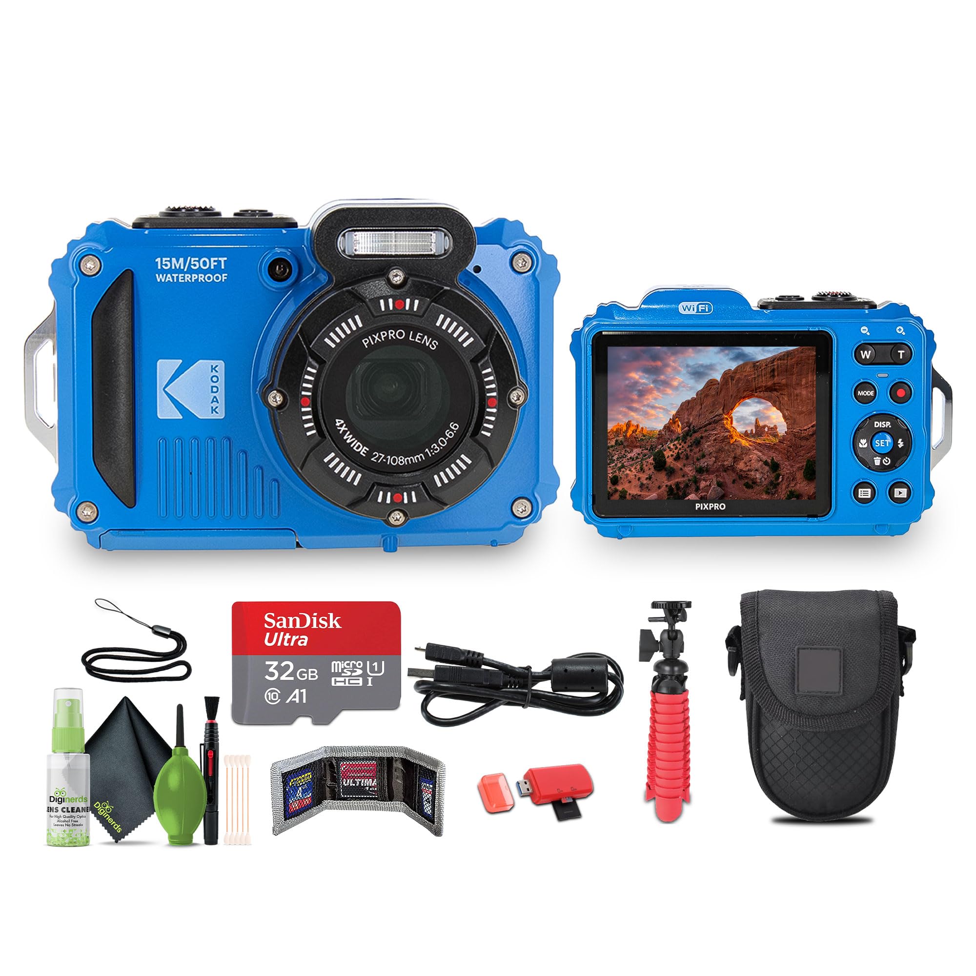 KODAK PIXPRO WPZ2 Rugged Waterproof Shockproof Dustproof WiFi Digital Vlogging Camera 16MP (Blue) Bundle with 32GB Memory Card + Vlogger Tripod + Bag + Cleaning Kit + More Accessories
