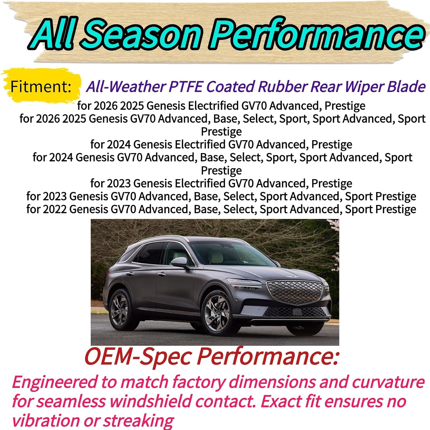 Rear Wiper Blade for 2022-2026 Genesis GV70 & Electrified GV70 2025 2024 2023 Fit for Base Select Sport Advanced Sport Prestige Models | OEM Replacement All Season Rear Back Windshield Wiper Blade