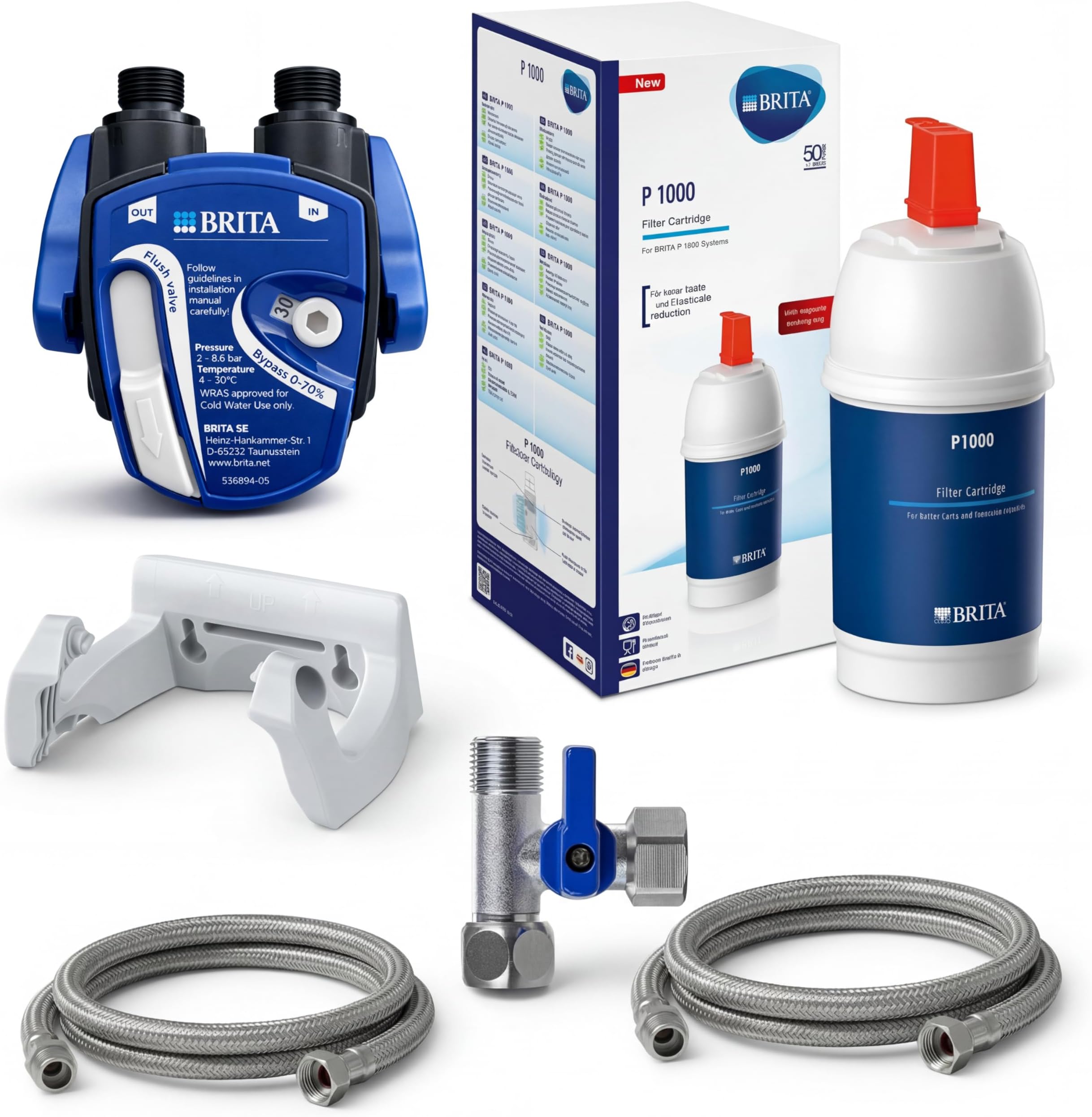 Neues Wasser Group Under Sink Water Filter Set - Brita Water Filter Cartridges, Brita Filter P1000 Wall Mount, Flex Hose, Angle Valve Adapter, Filter Change Indicator, Easy Installation