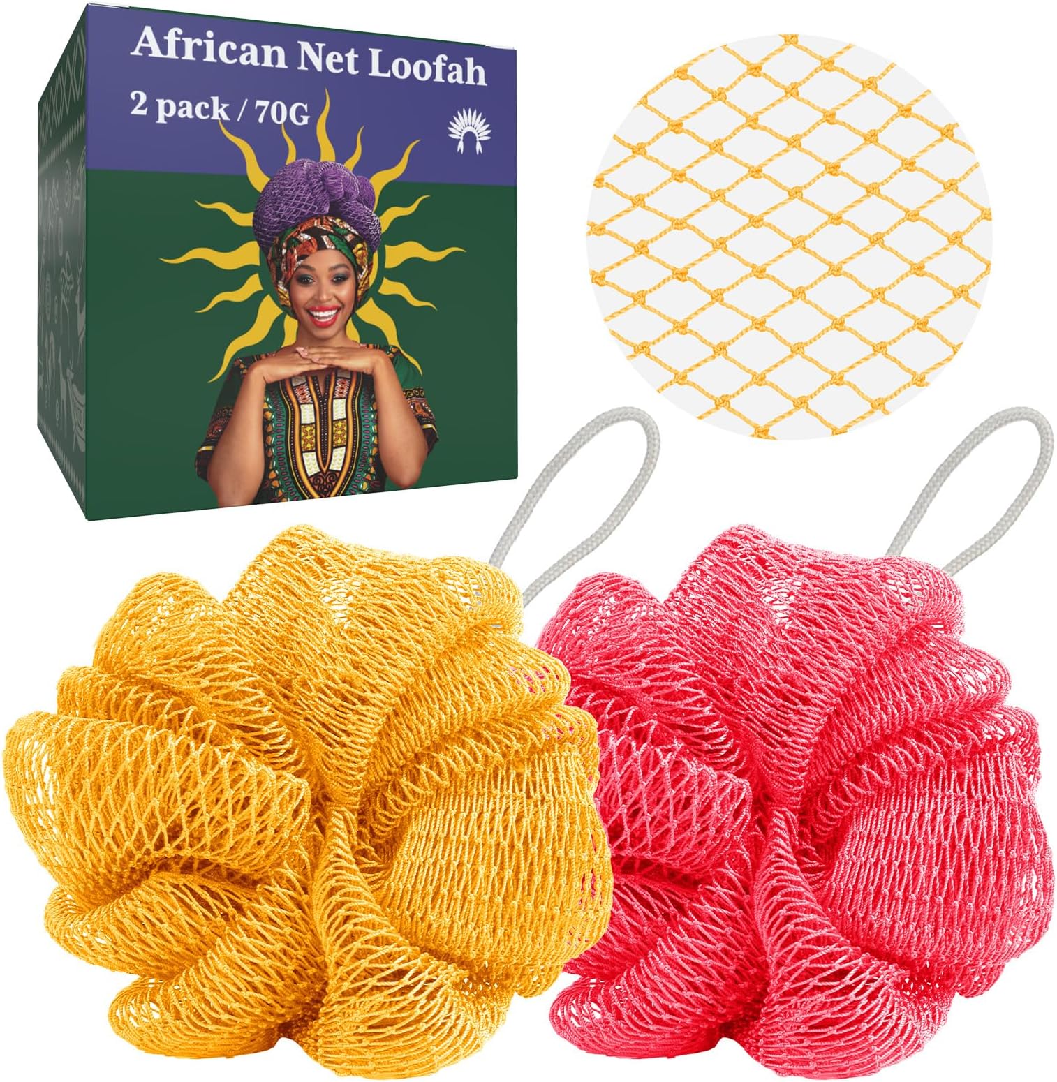 Bathway Loofah Bath Sponge, 2 Pack African Net Sponge Authentic, Exfoliating Shower Loofah Body Scrubber for Men and Women, Mesh Shower Pouf Balls for Body Wash