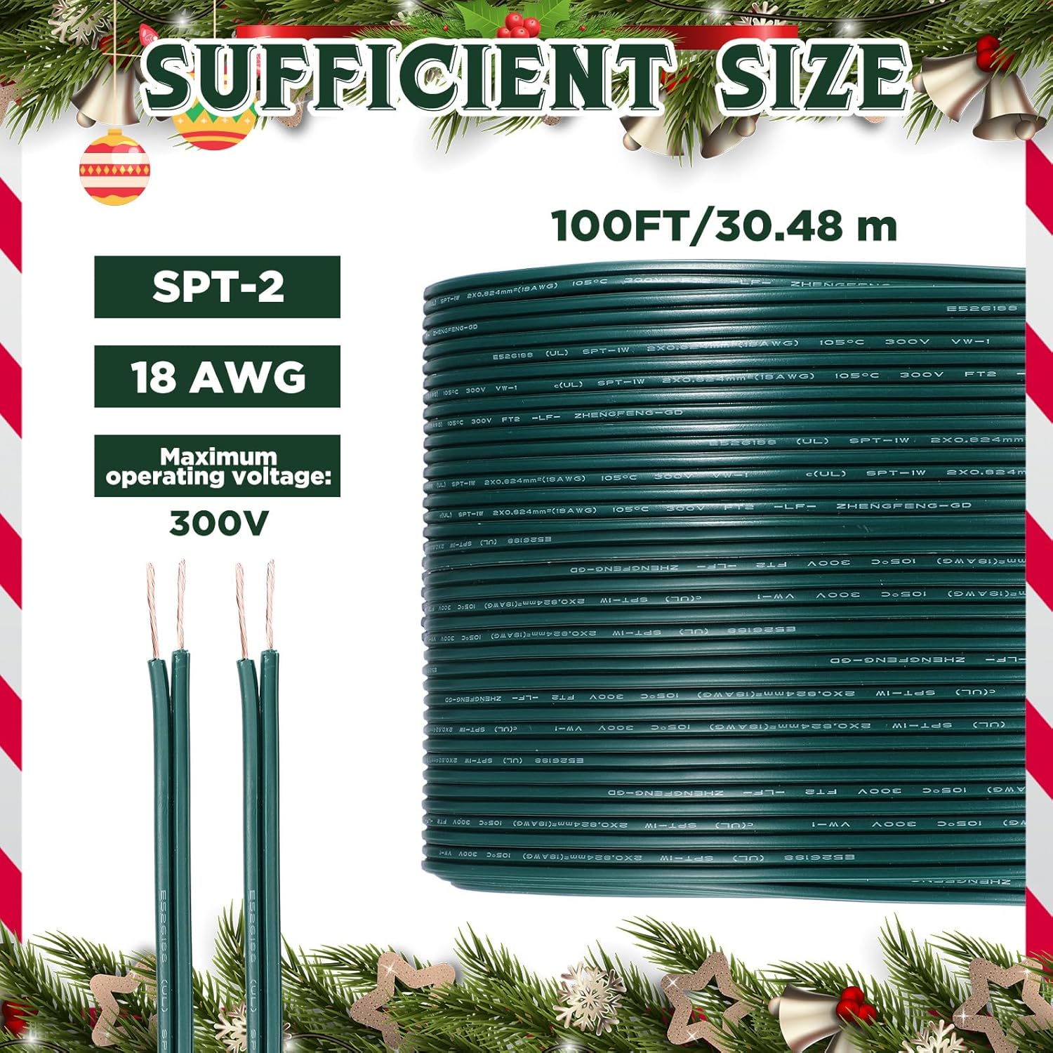 Tellegloww 100 FT SPT-2 Christmas Wire 18 Gauge 2 Conductor Electrical 18/2 Low Voltage Landscape Green Automotive PVC Cover Copper for LED Strips Lamp Lighting Marine
