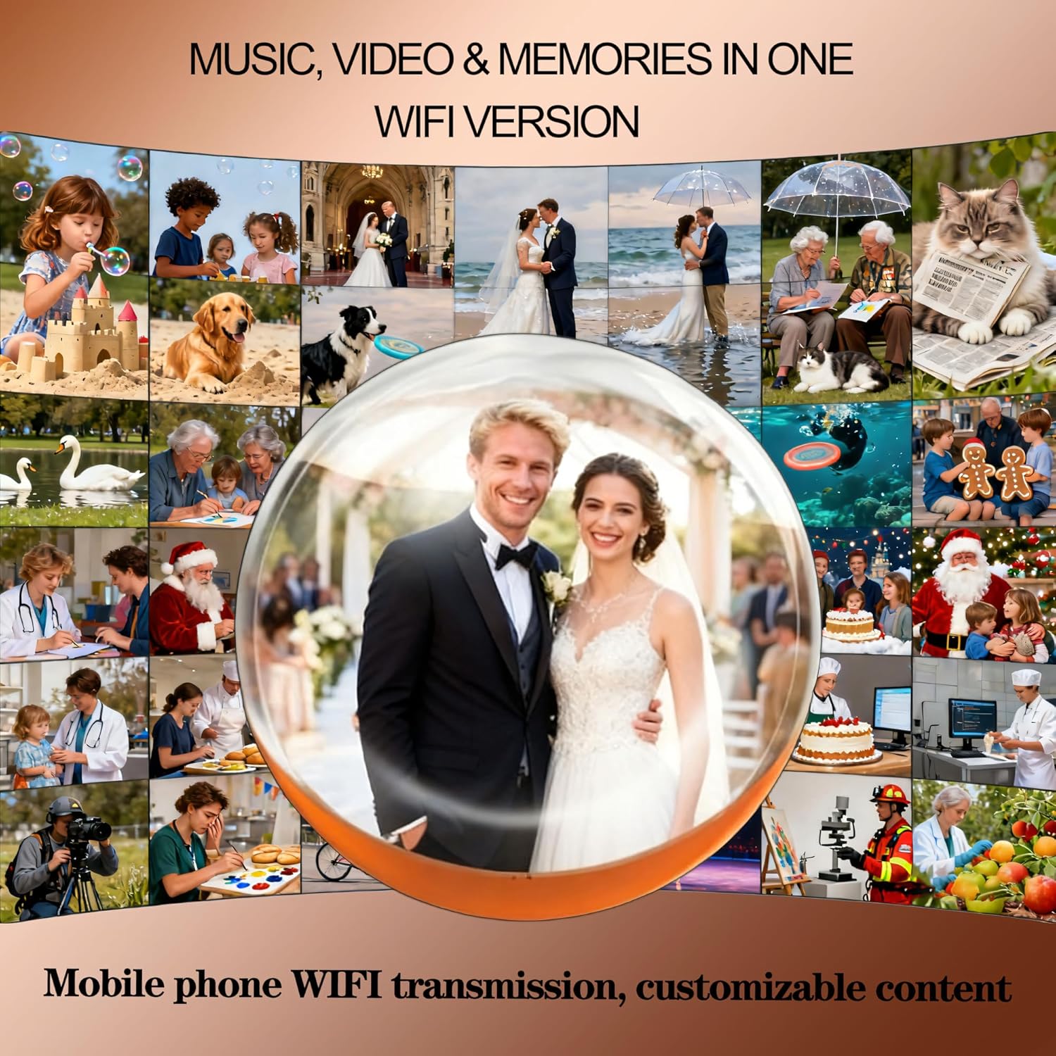 3D Crystal Ball Digital Photo Album & Video Display, Mobile WiFi Transmission Customizable Uploadable Videos & Photos, Electronic Screen Gift for Couples, Family, Pets, & Wedding Memories