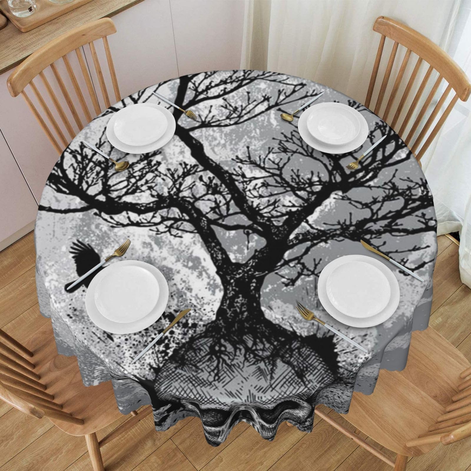 DCEHGEW 60 In Round Tablecloth with Lace, Halloween Skull Printed Oilproof & Washable Fabric Picnic Table Cloth Table Covers