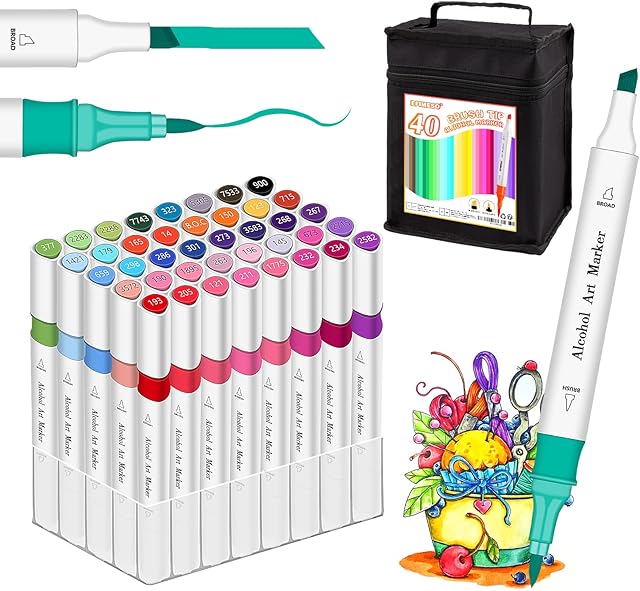 Efimeso 40 Colors Permanent Marker Pens, Alcohol Markers Pens Brush Sketch Marker for Adults & Kids, Professional Art Pen Dual Tips for Drawing, Coloring, Sketching and Painting