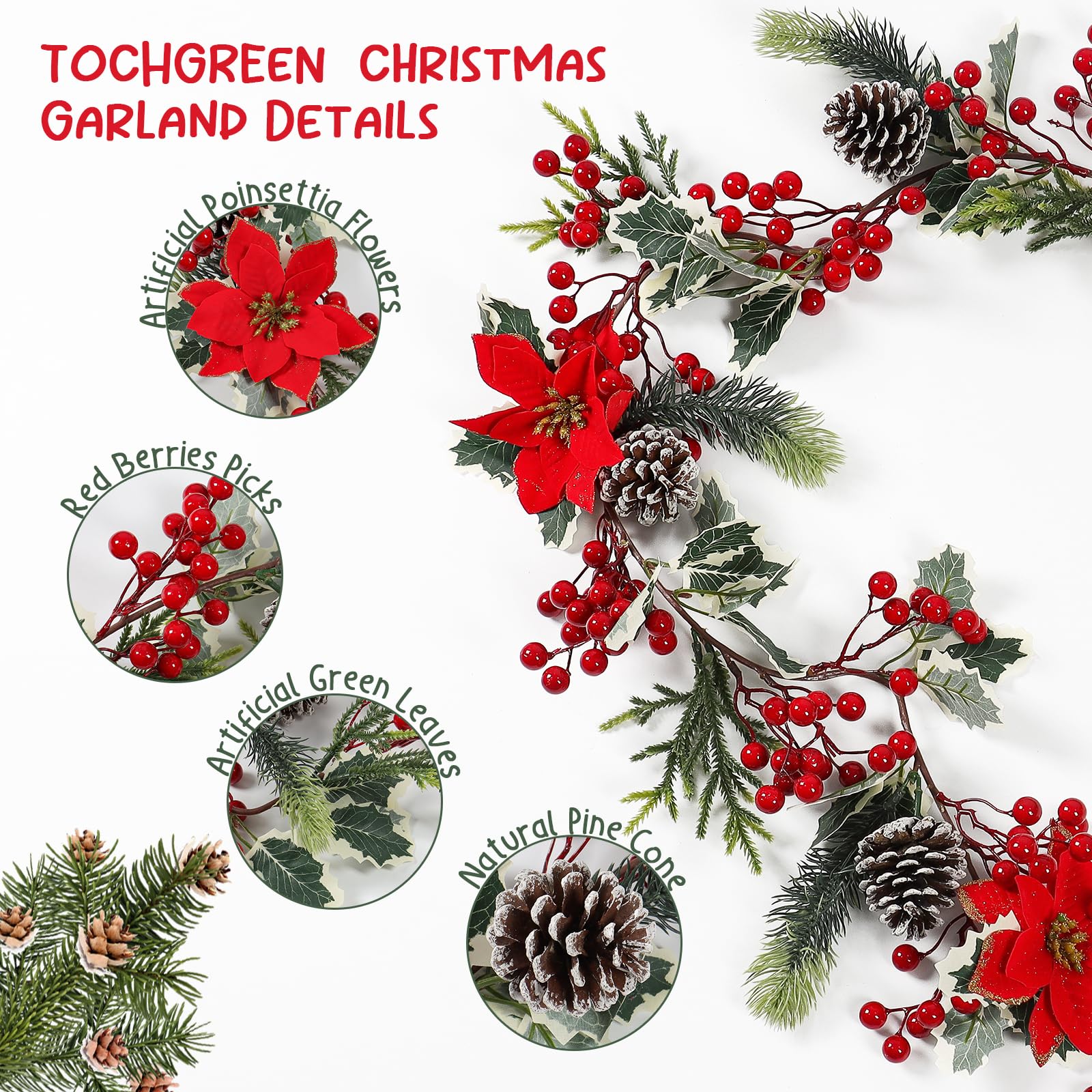 2 guirnaldas de Bayas Artificiales con Hojas Verdes, Guirnalda de Navidad con Bayas Rojas, Guirnalda de Abeto, Guirnalda de Bayas Rojas para Bodas, chimeneas, escaleras, decoración de Mesa
