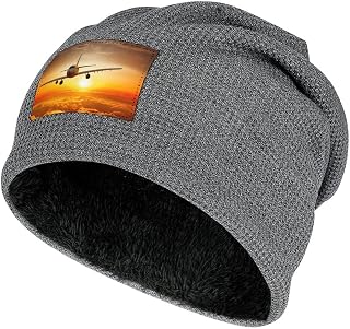 Winter Beanie Hat Fleece Lined Aircraft Plane at Sunset Slouchy Beanie Thermal Knit Skull Cap for Cold Weather