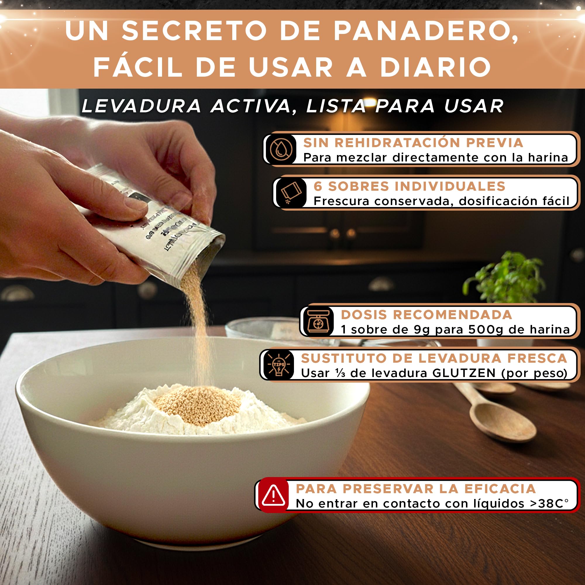 Levadura Seca Instantánea Sin Gluten Bio GLUTZEN 6x9g Activa para Pan y Pizza