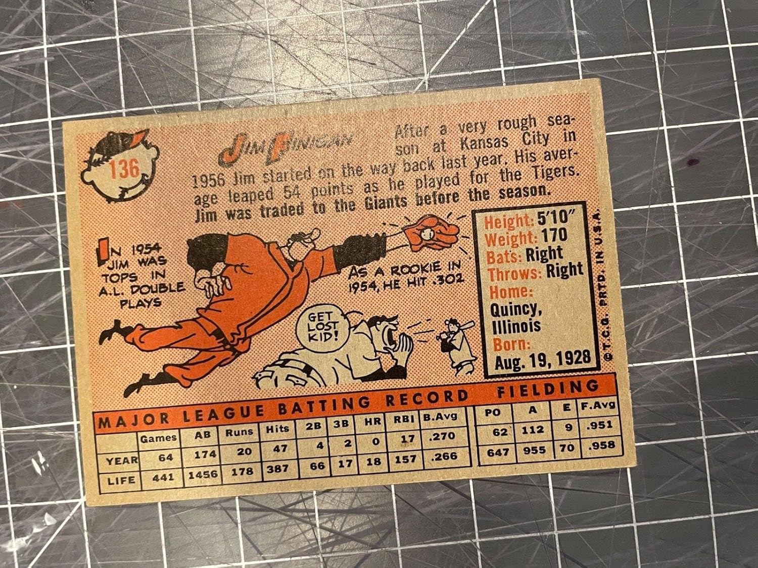1958 Topps #136 Jim Finigan San Francisco Giants Baseball Card Nm - Slabbed Baseball Cards