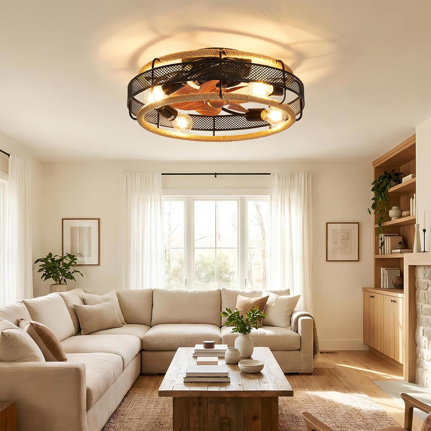 20'' Boho Caged Ceiling Fan with Light & Remote, Flush Mount Rattan Fandelier, 6-Speed Reversible Quiet Motor, E26 Base, Farmhouse Low Profile Ceiling Fan for Bedroom, Living Room
