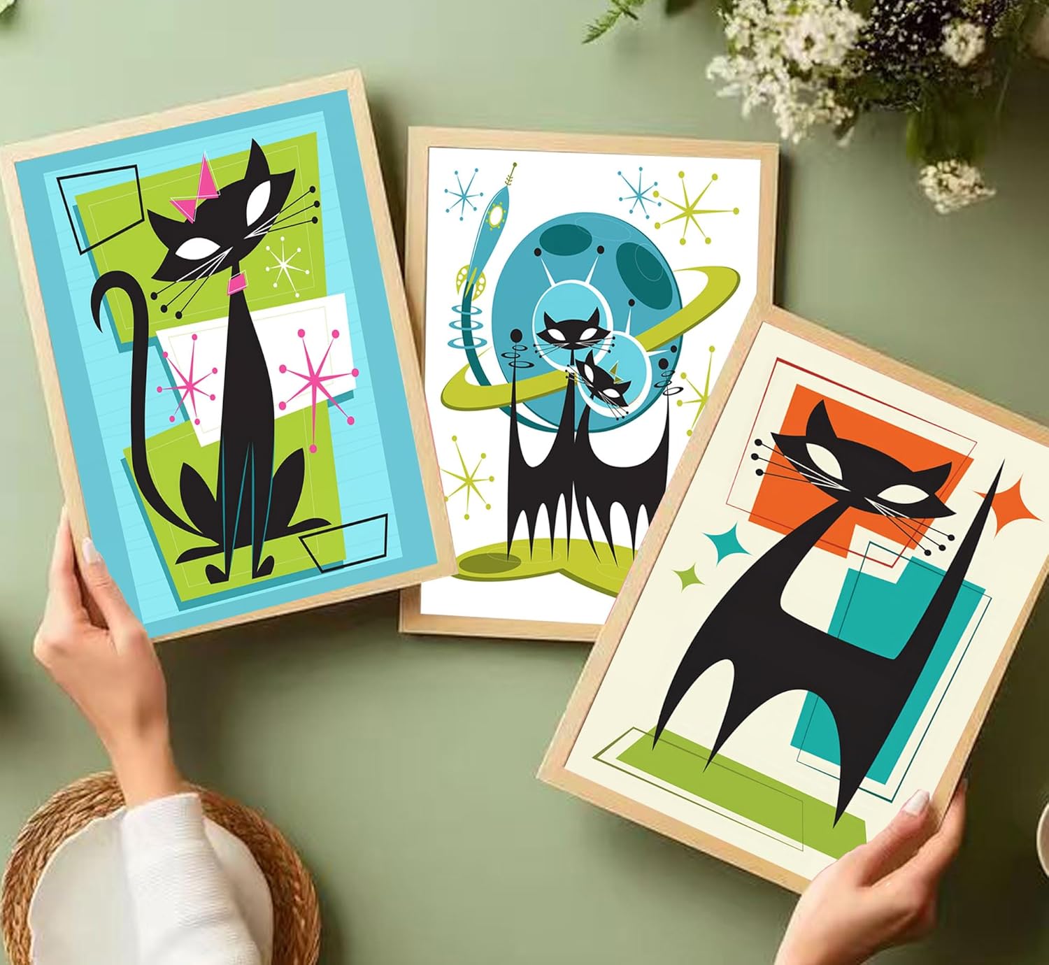 3pcs Futuristic Atomic Cats Canvas Wall Art Whimsical Funny Abstract Cat Posters Prints Modern Medieval Geometry Wall Decor Pictures for Living Room Bedroom Home Decoration Unframed
