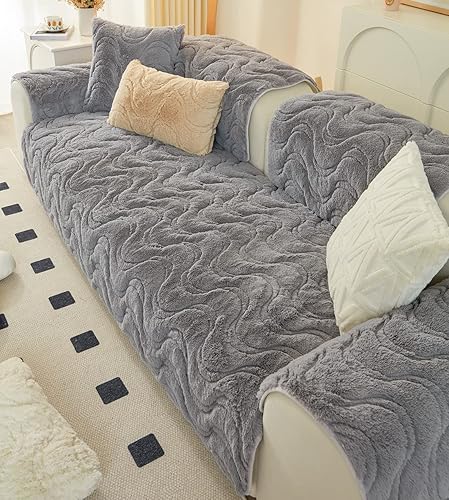 Miniatura 5 de vctops Funda de sofá de piel sintética con rayas onduladas, suave y cálida y mullida, funda de sofá modular de felpa lanuda de color sólido, funda