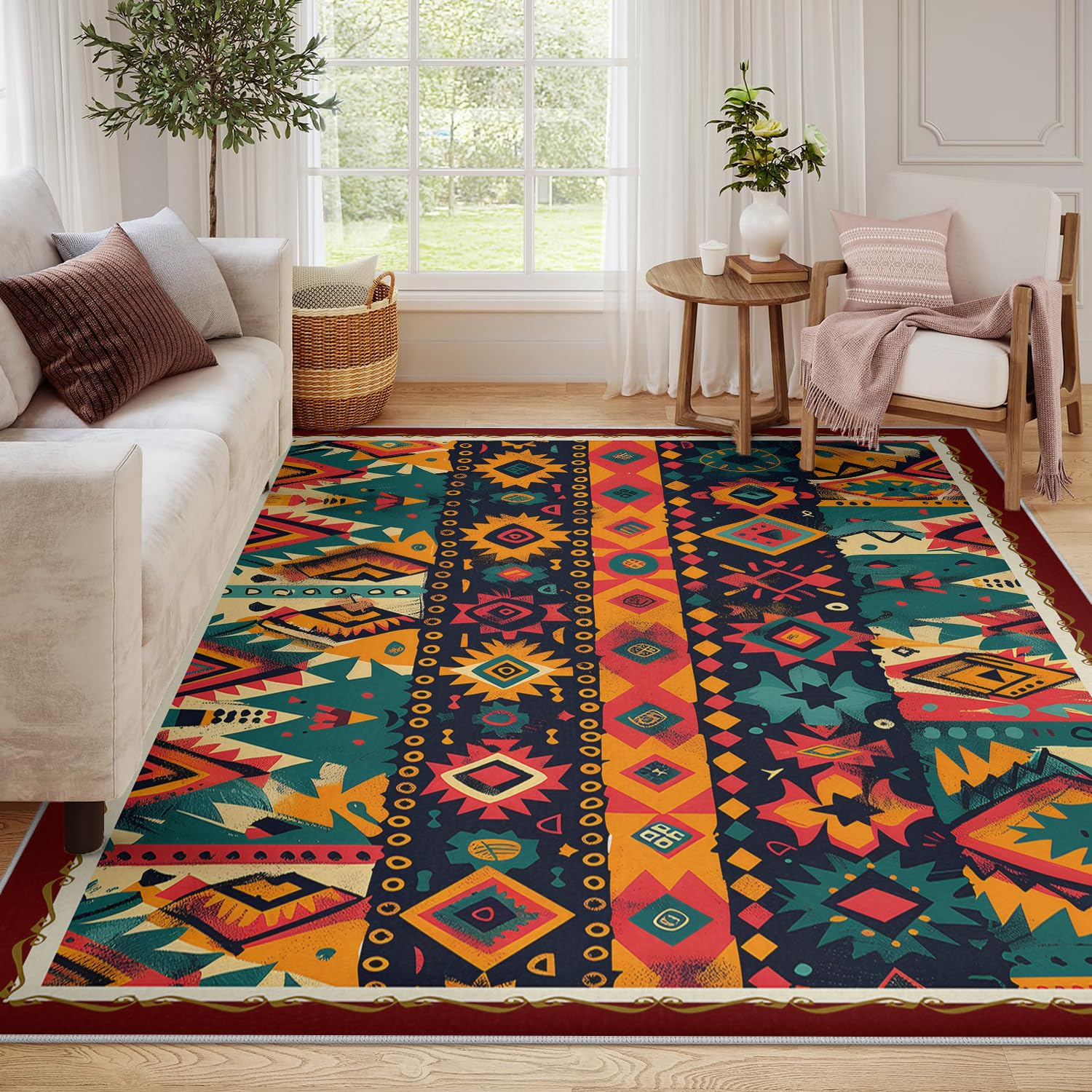Tappeto colorato tribù etnica azteca Tappeti boho nativi americani lavabili per soggiorno Tappeto per interni morbido antiscivolo a pelo basso per camera da letto 60x90cm