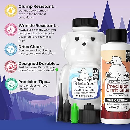 Miniatura 5 de Bearly Art Precision Craft Glue - Paquete de 4 onzas líquidas y 11 onzas líquidas de oso de repuesto - Kit de puntas incluido - Resistente a las