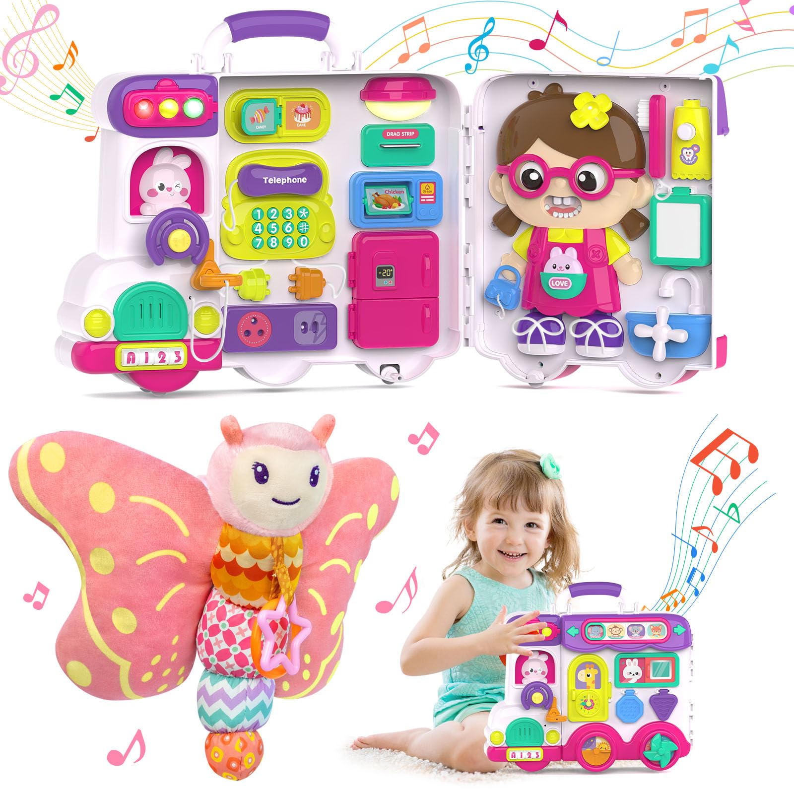 VOILBTOY Montessori Busy Board & Pink Butterfly Toys for 0-3 Year Old