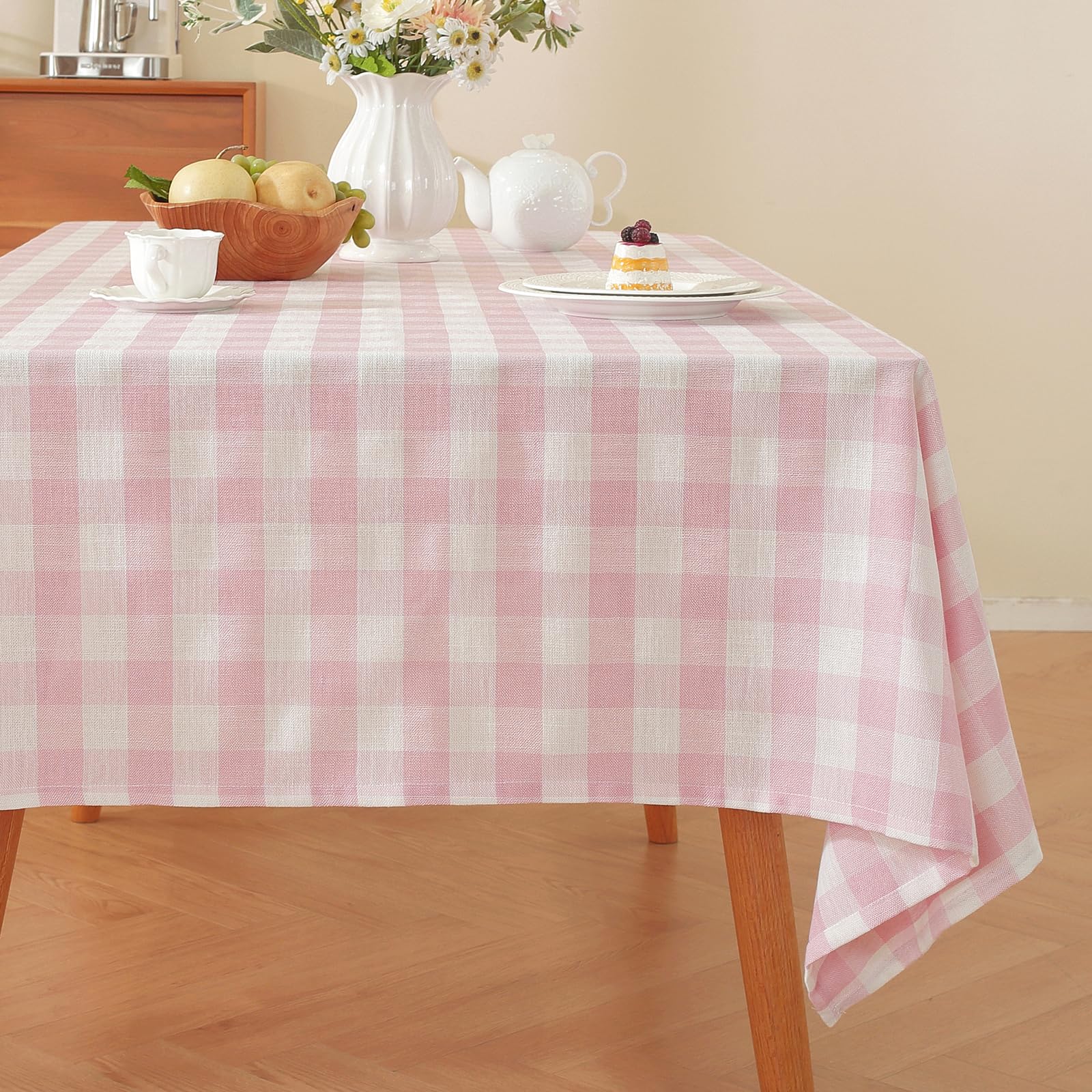Photo 1 of Alsoo Pink Gingham Tablecloth Rectangle Checkered Table Cloth Cotton Linen Fabric Wrinkle Free Washable Buffalo Plaid Table Cover for Kitchen Dining Picnic Camping, 60 * 75 inch