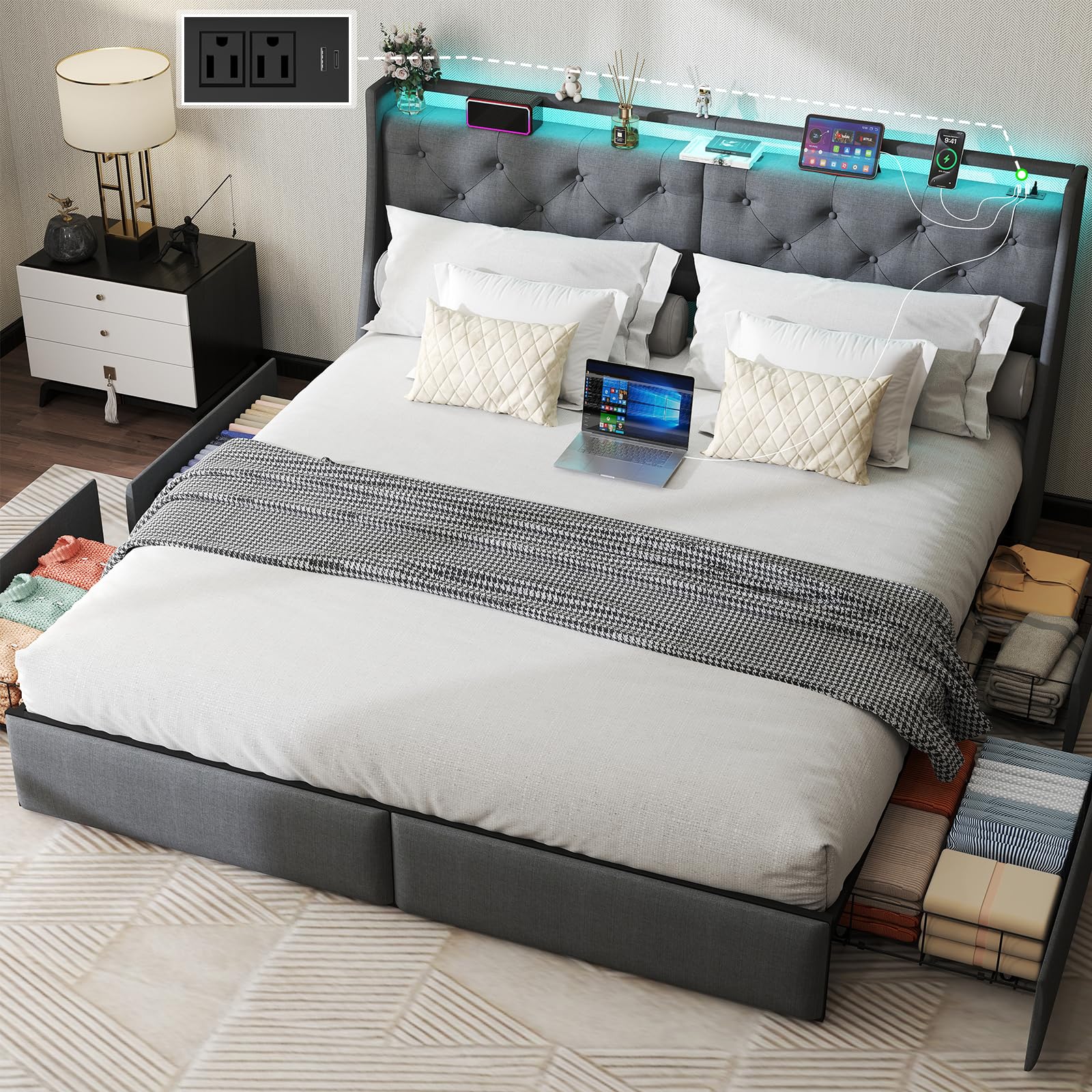 Queen Bed Frame with 2 Storage Drawers, Platform Bed Frame Queen Size with LED Light, Upholstered Headboard, Charging Station, Steel Slat Support, No Box Spring Needed, Noise-Free, Easy Assembly, Gray: King Button Tuffed & 4 Drawers