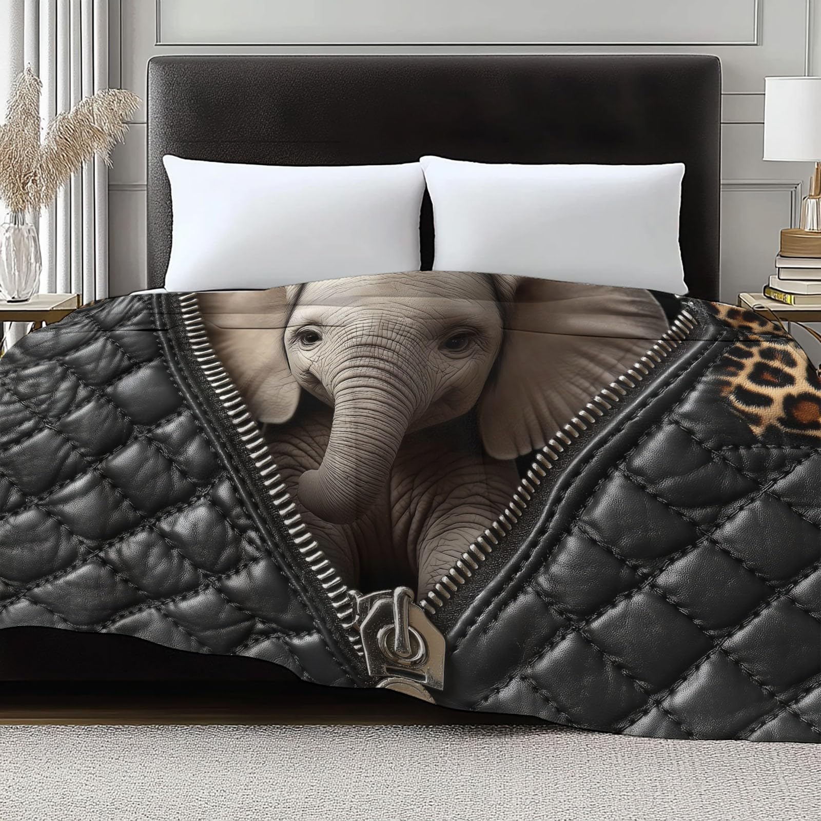 Flanelowy koc 220 x 240 cm, zamek błyskawiczny, miękka flanelowa skóra słonia, narzuta na sofę i łóżko, narzuta na łóżko 2-osobowe, miękka flanela, czarny