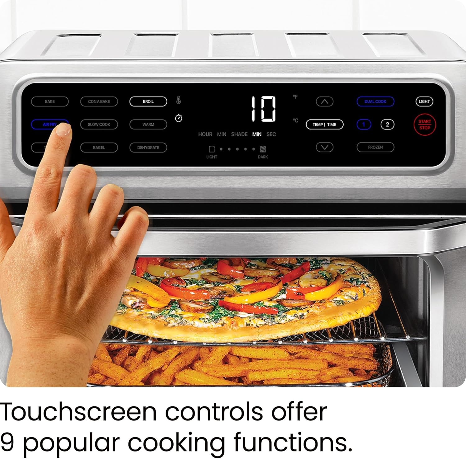 Close-up of the CHEFMAN Air Fryer Toaster Oven's digital touchscreen control panel with a hand pressing the Air Fry button