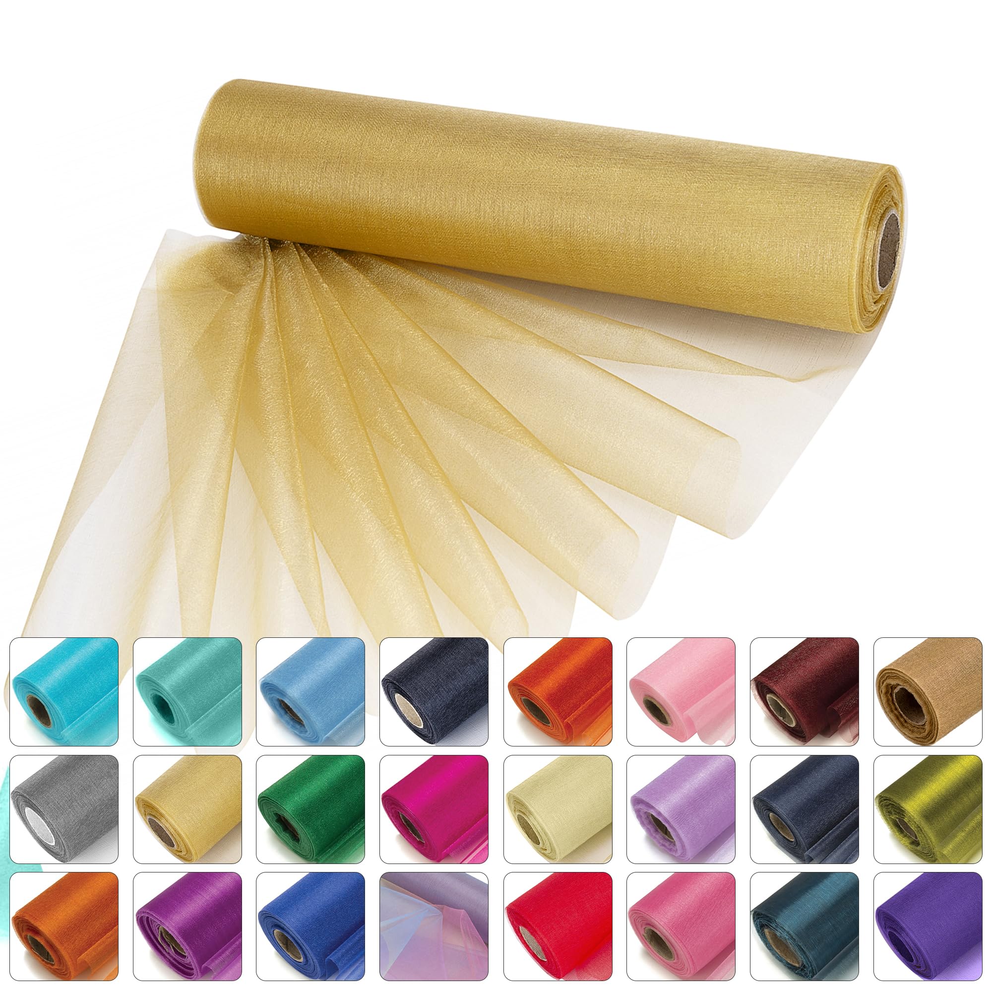 WedDecor Snow Sheer Glitter Organza Roll 25m x 29cm Sash Fabric Gold, 2pcs โ image 1