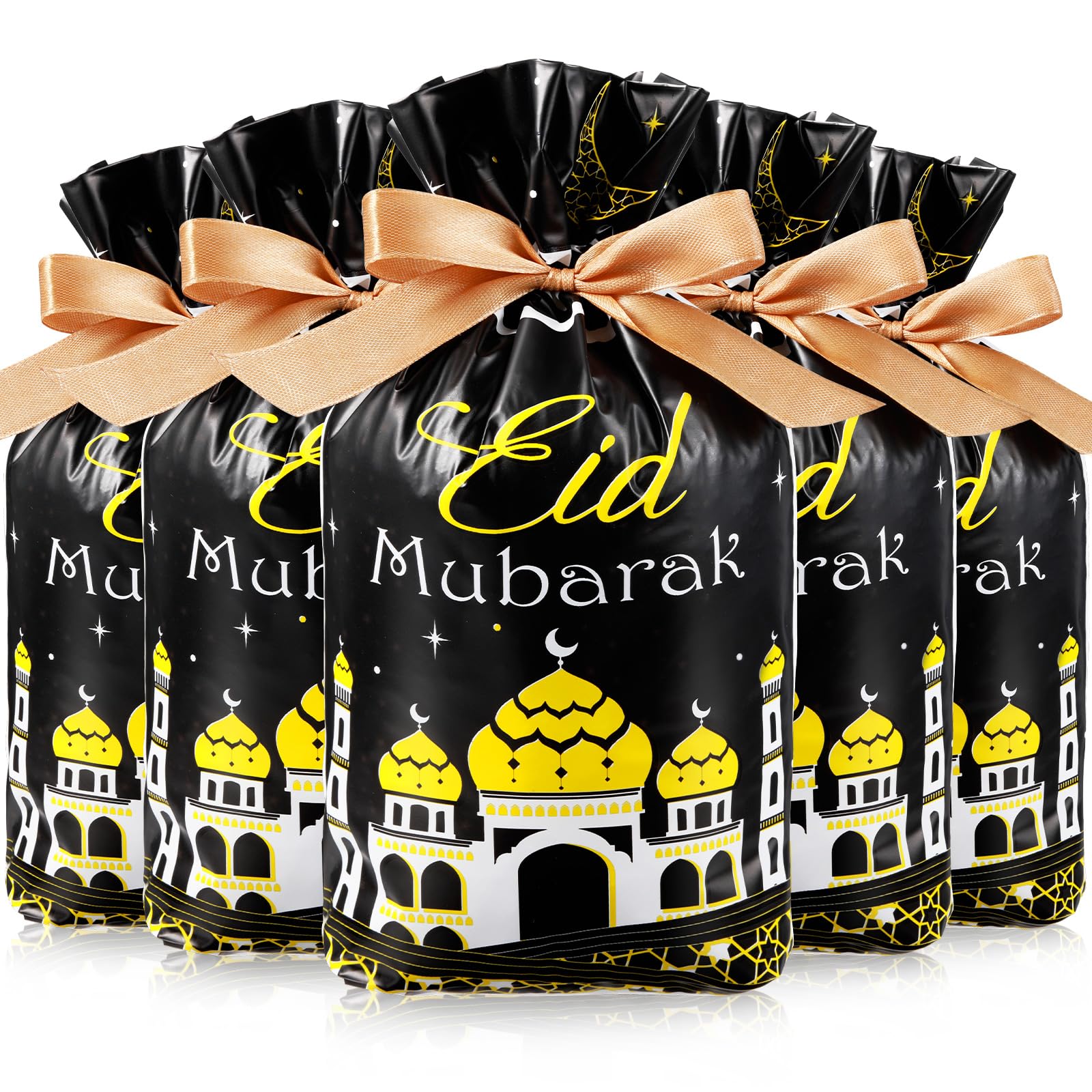 Blulu 50 Pcs Eid Mubarak Gifts Bags Plastic Ramadan Gift Bags Arabesque Moon Bulk Mosque Happy Eid Theme Goodie Pouches for Muslim Mubarak Party Candy Wrapping Supplies Decorations(Black)