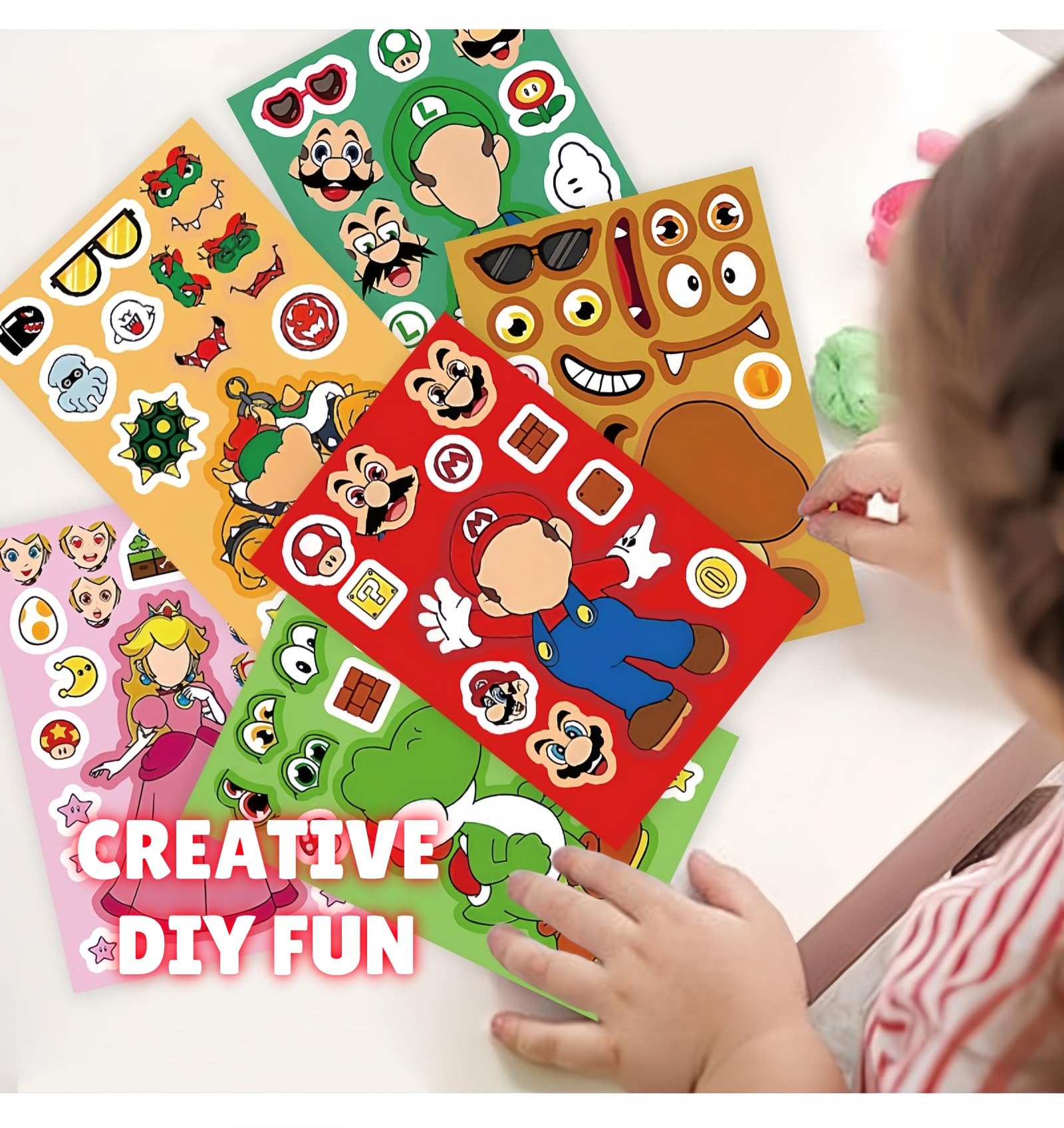 2026 Mario Make a Face Stickers, Cartoon Book Crafts, DIY Party Supplies Favors Your Own Mixed and Matched with Different Designs Characters Birthday Gifts Class Reward Decor （32 Sheets) — view 5