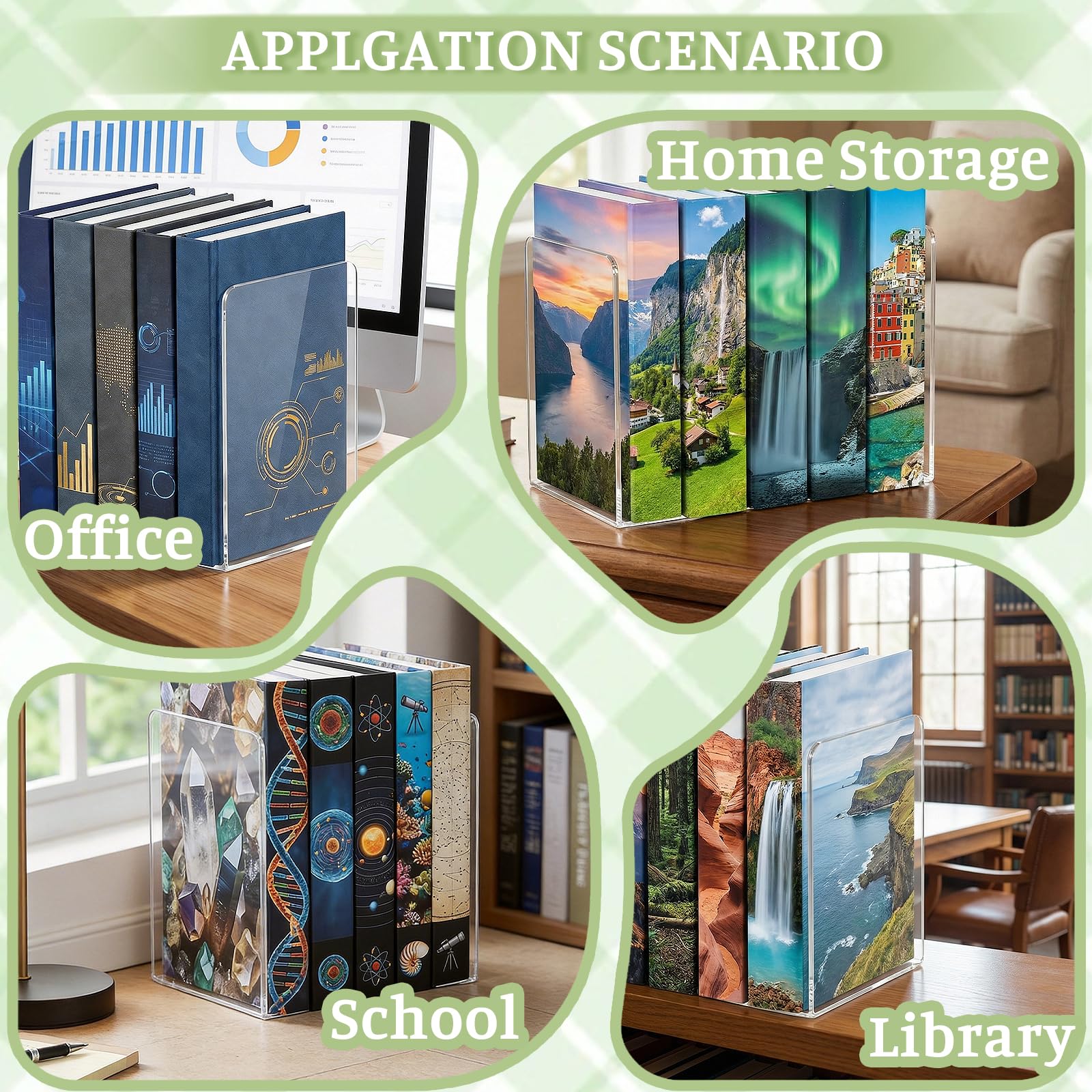 10 Piezas SujetaLibros Estanteria, Sujetalibros de Acrílico Transparente con 40 Almohadillas Antideslizantes, Organizador de Libros de 3 mm de Grosor, para Escuela Casa Oficina 10x10x13cm