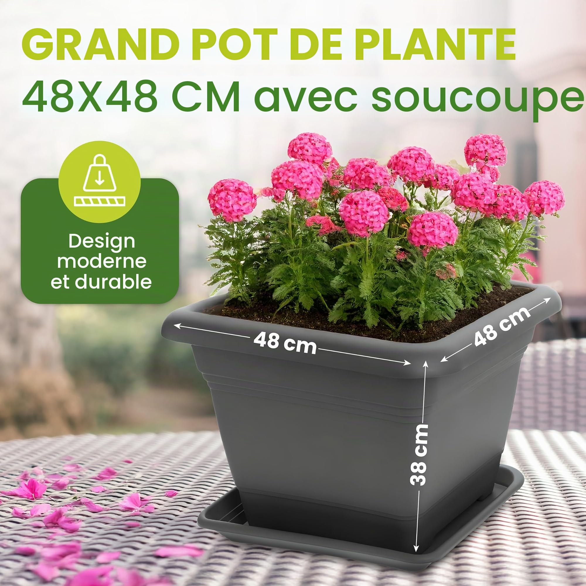 Paul Lot de 2 grands pots de fleurs d'extérieur XXL - Anthracite - Grand format 48 cm - Avec soucoupe - En plastique - Fabriqué en Allemagne - Modèle : Paul