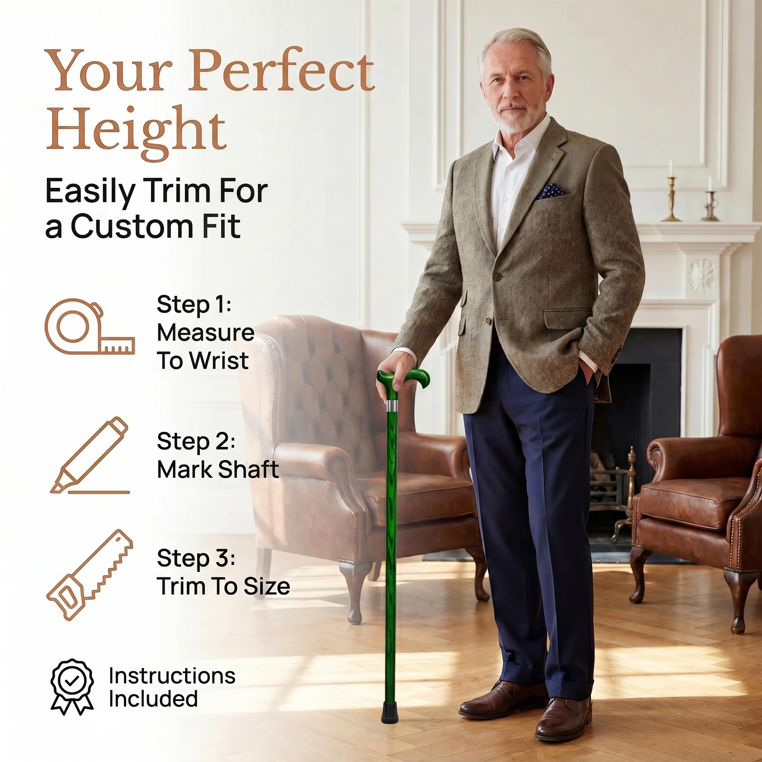 Dr. Watson Classic Derby Walking Stick – Handcrafted Ash Wood Cane with Polished Stainless Steel Collar