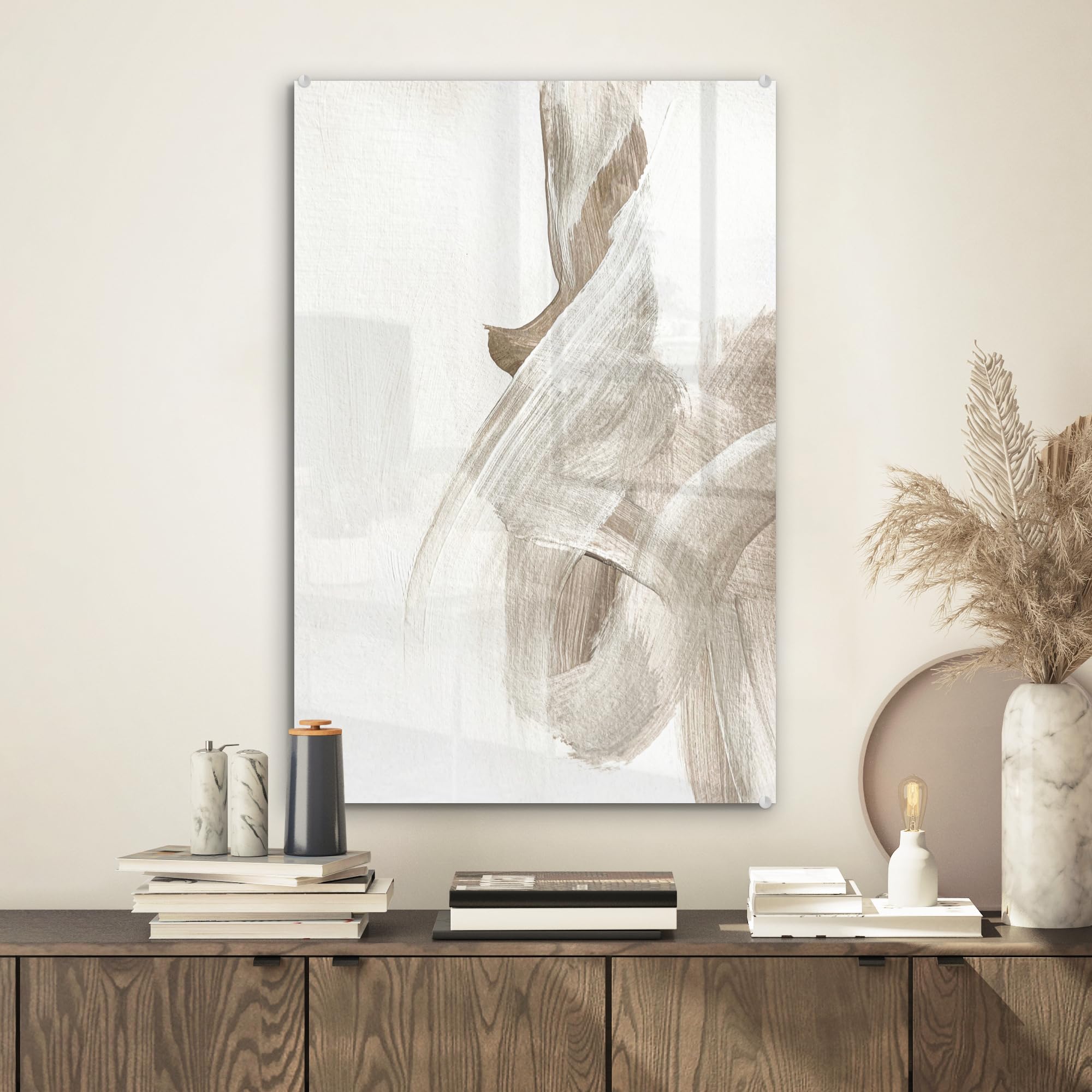 MuchoWow© Bild auf Glas Schlafzimmer Bilder Badezimmer Wand Deko Wohnzimmer | 40x60 cm - Modern Wanddeko Bilderwand Geschenk Abstrakt - Moderne Kunst - Beige