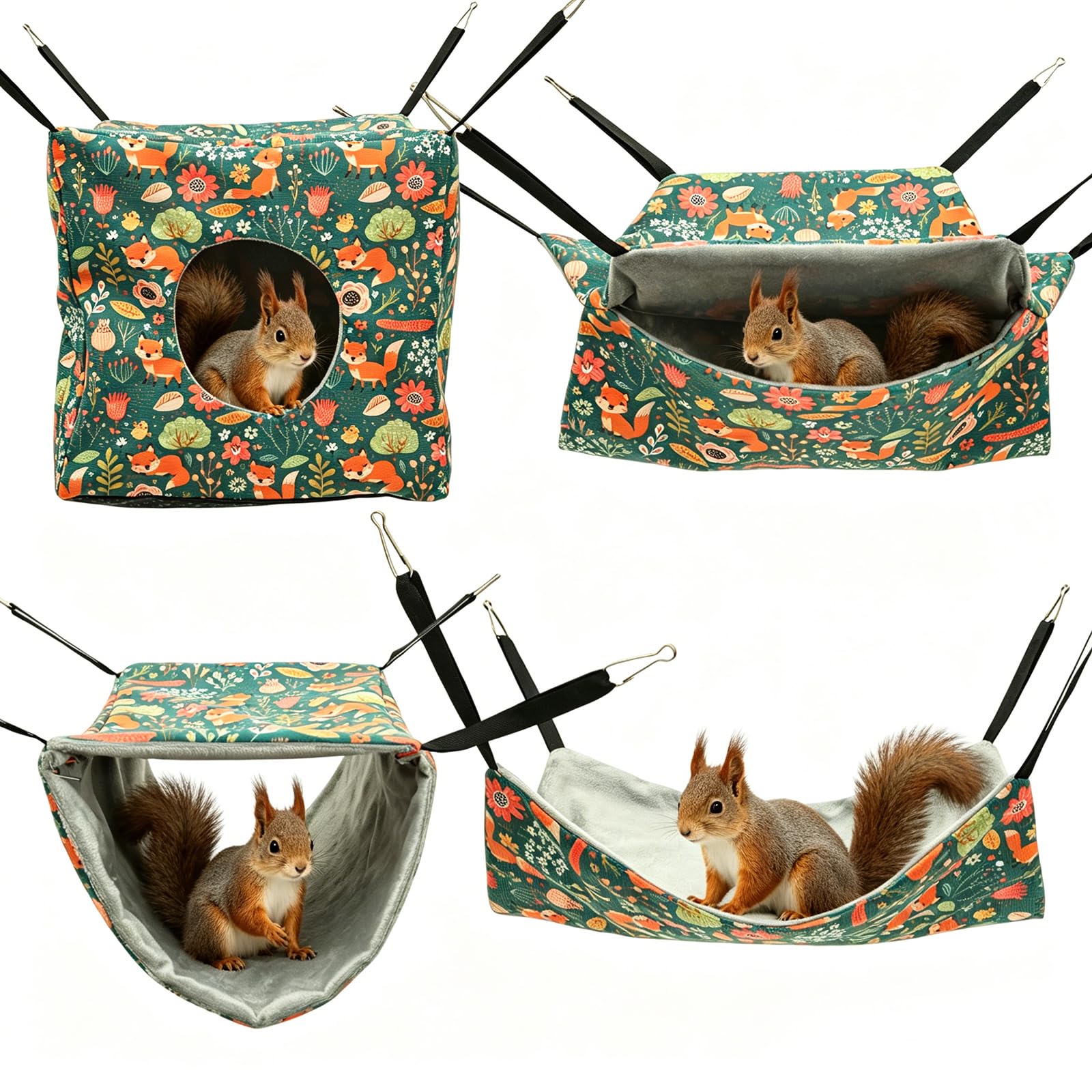 4Pcs Hamster Hammock House Rat Cage Accessories Guinea Pig Hideout Bed Includes Cube Hideout, Hammock, Tunnel and Square Blanket, Washable Ferret Hanging Nest for Chinchilla, Sugar Glider and Squirrel