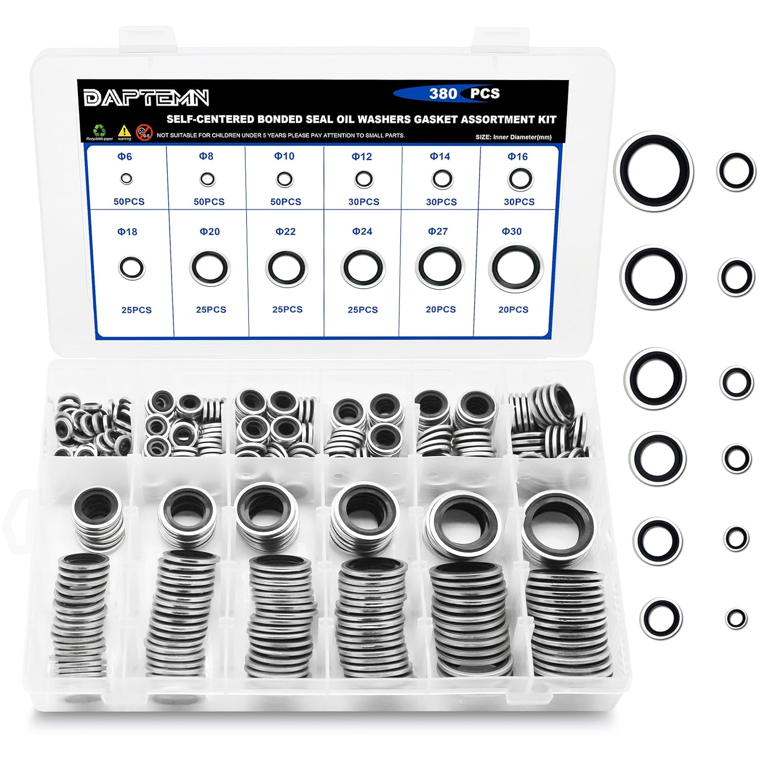 380 PCS Metric Bonded Sealing Washers, NBR Zinc-Plated Steel Self-Centred Sealing Rubber Washers, Automotive Seal Gasket Crush Washers Assortment Kit Set, Includes Sizes of M6-M30