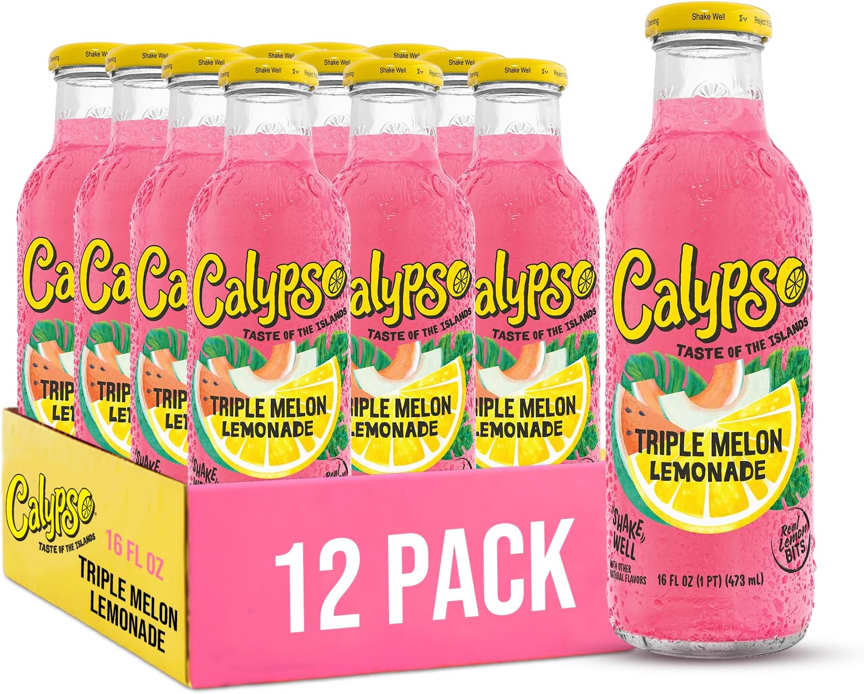 Lemonade, Triple Melon Lemonade, Made with Real Fruit, 16 Fl Oz Glass Bottles (Pack of 12)
