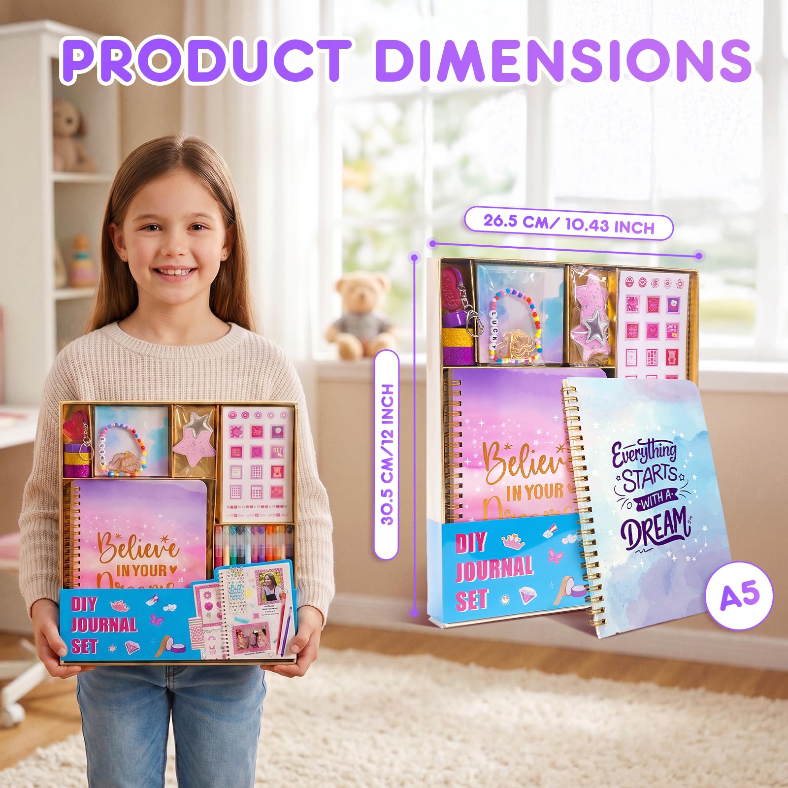 DIY Tagebuch Set für Mädchen ab 8 Jahre, Kinder Tagebuch mit Stiften, Stickern & Accessoires, Scrapbook Set Mädchen, Notizbuch Kinder, Geschenk für Mädchen 8 9 10 11 12 Jahre, Schreibwaren Set