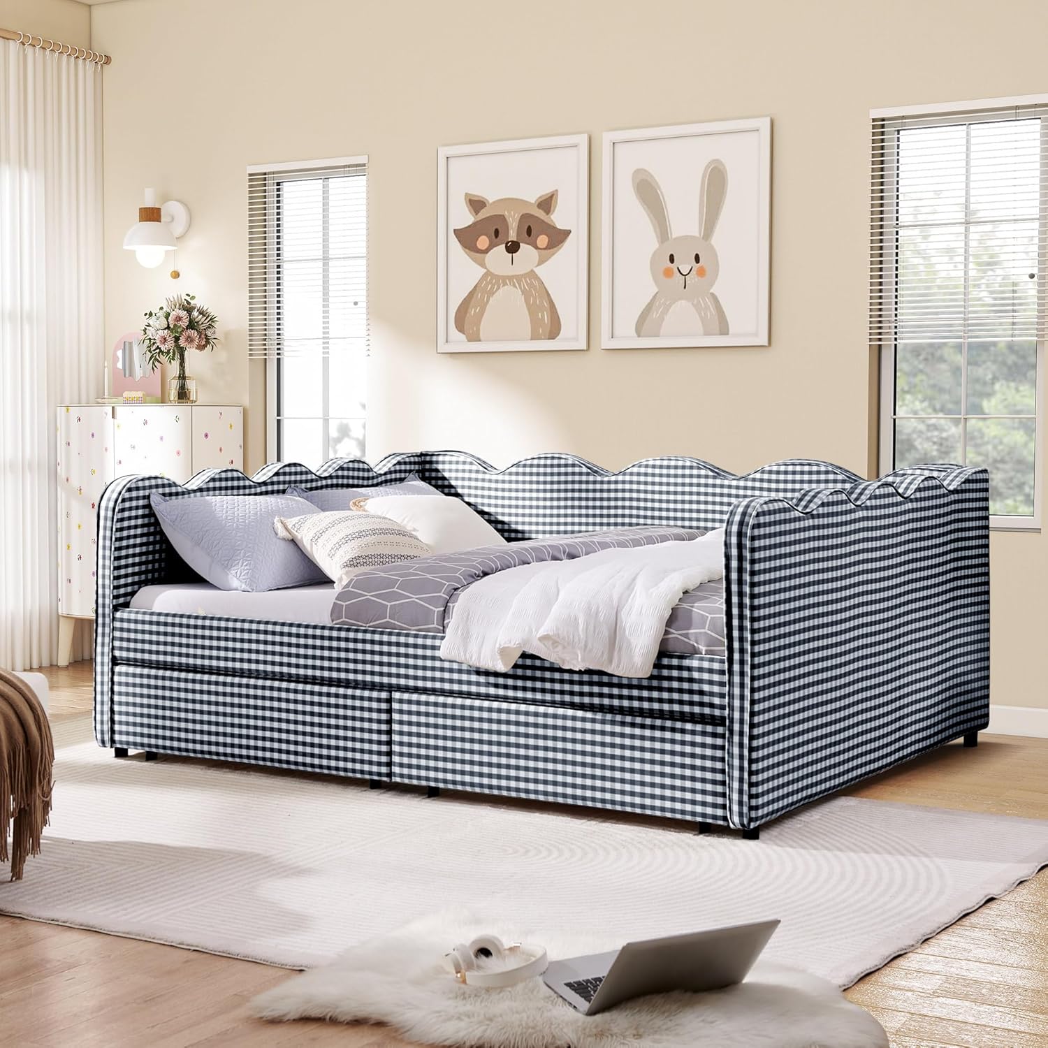 Queen Size Daybed with Storage Drawers, Linen Gingham Daybed with USB Ports & Wave Shaped, Upholstered Day Bed Frame, Modern Sofa Bed for Living Room/Bedroom/Guest Room, No Box Spring Needed, Navy