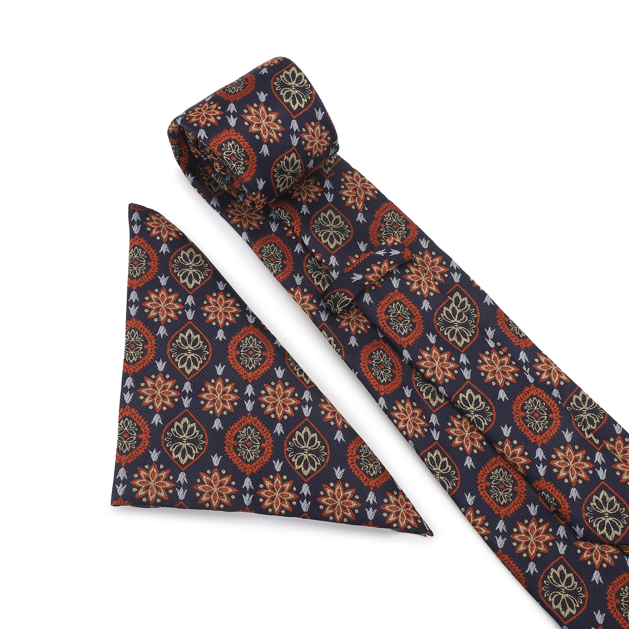 THE DELHI LOOM Men's Imperial Medallion Classic Wide Tie (9 cm) & Pocket Square with Wooden Gift Box | Navy Blue with Rust & Gold Medallion Pattern | Formal, Wedding & Business Wear - Image 5 thumbnail