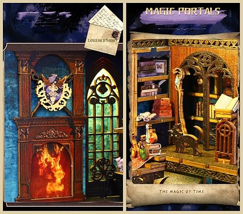 Miniatura 5 de Kisoy Kit de bricolaje en miniatura para rincón de libros con rompecabezas de madera 3D, soporte manual para libros, decoración de estantería y