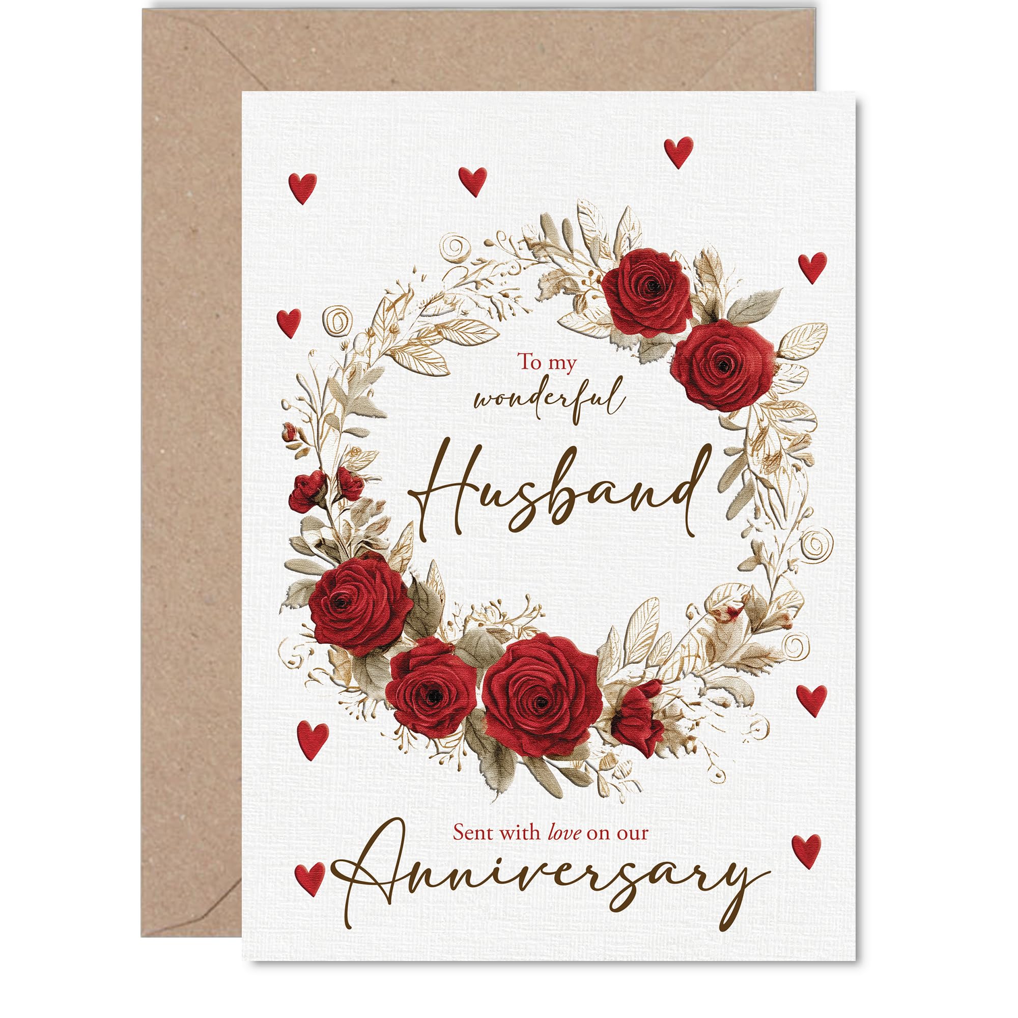 Romantic Anniversary Card for Husband - Floral Wreath of Red Roses and Hearts - Romantic Gold Accents and Loving Sentiment - 5X7 Inch, Envelope Included