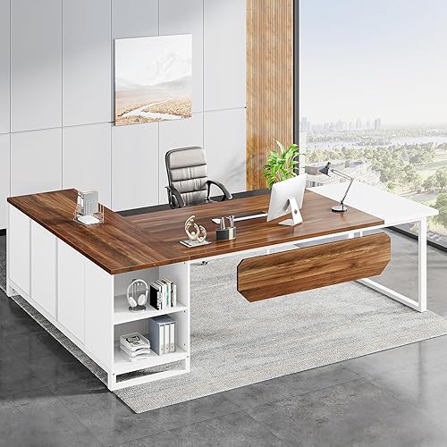 Miniatura 2 de LITTLE TREE Escritorio en forma de L de 71 pulgadas con archivador de 55 pulgadas, escritorio ejecutivo moderno con estantes de almacenamiento y
