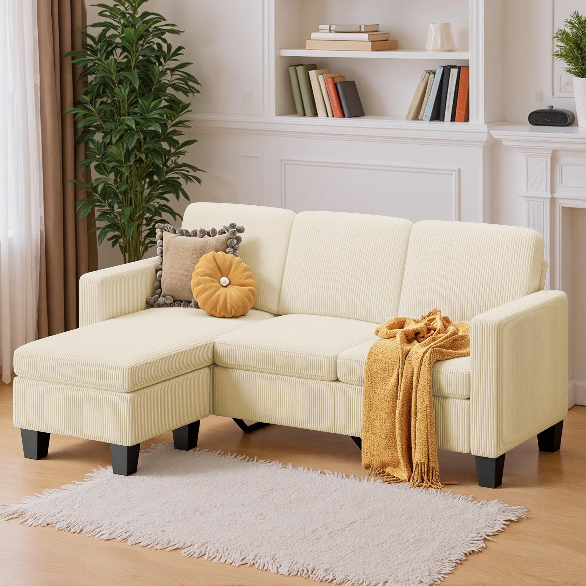 Xbro Divano angolare 3 posti a L con chaise longue fissa, imbottitura in spugna ad alta resilienza, tessuto in cotone e lino traspirante per soggiorno moderno, Giallo beige