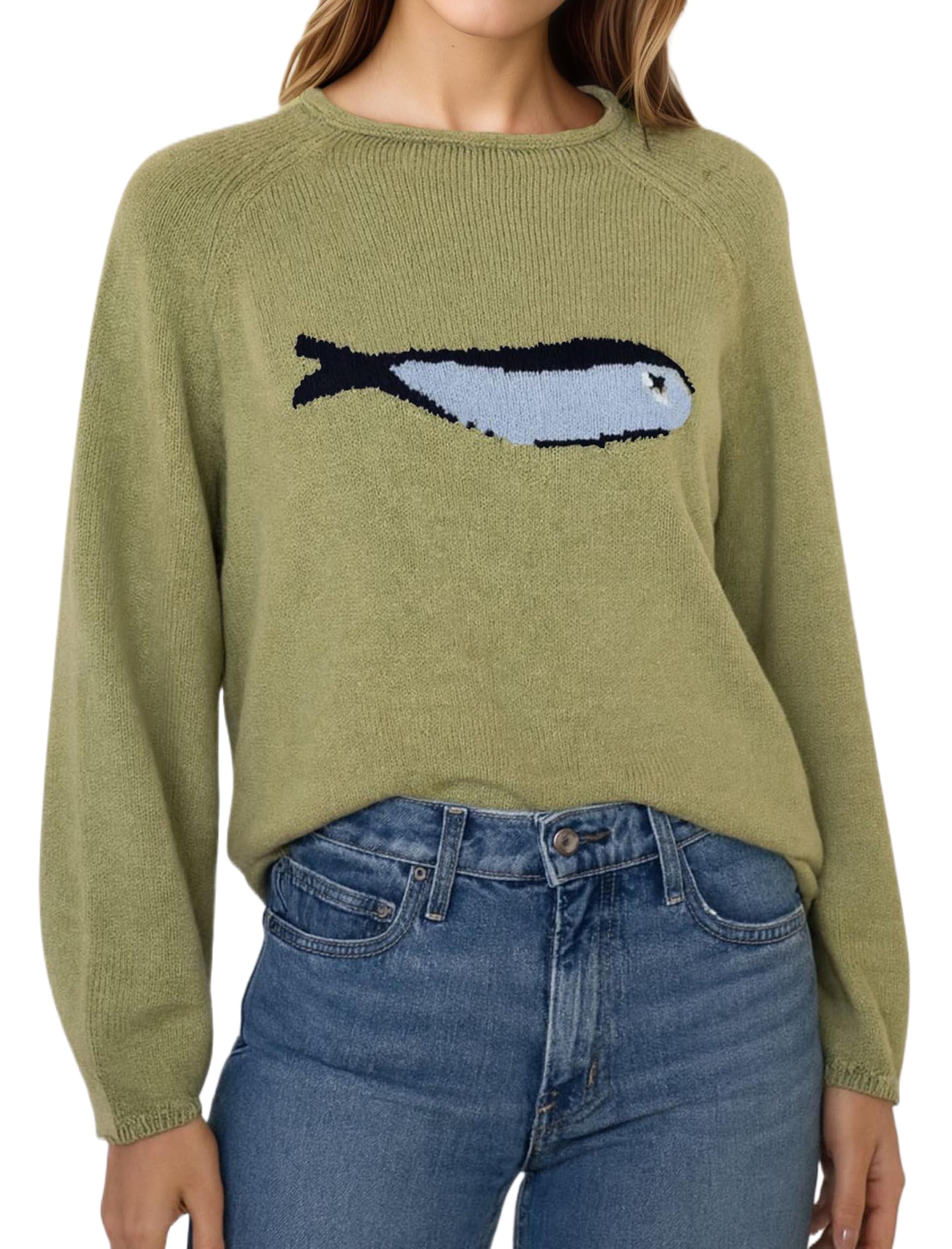 Ythomm Womens Fish Graphic Sweaters Mock Turtleneck Long Sleeve Knit Tops Rolled Trim Fun Graphic Ribbed Pullover Sweater
